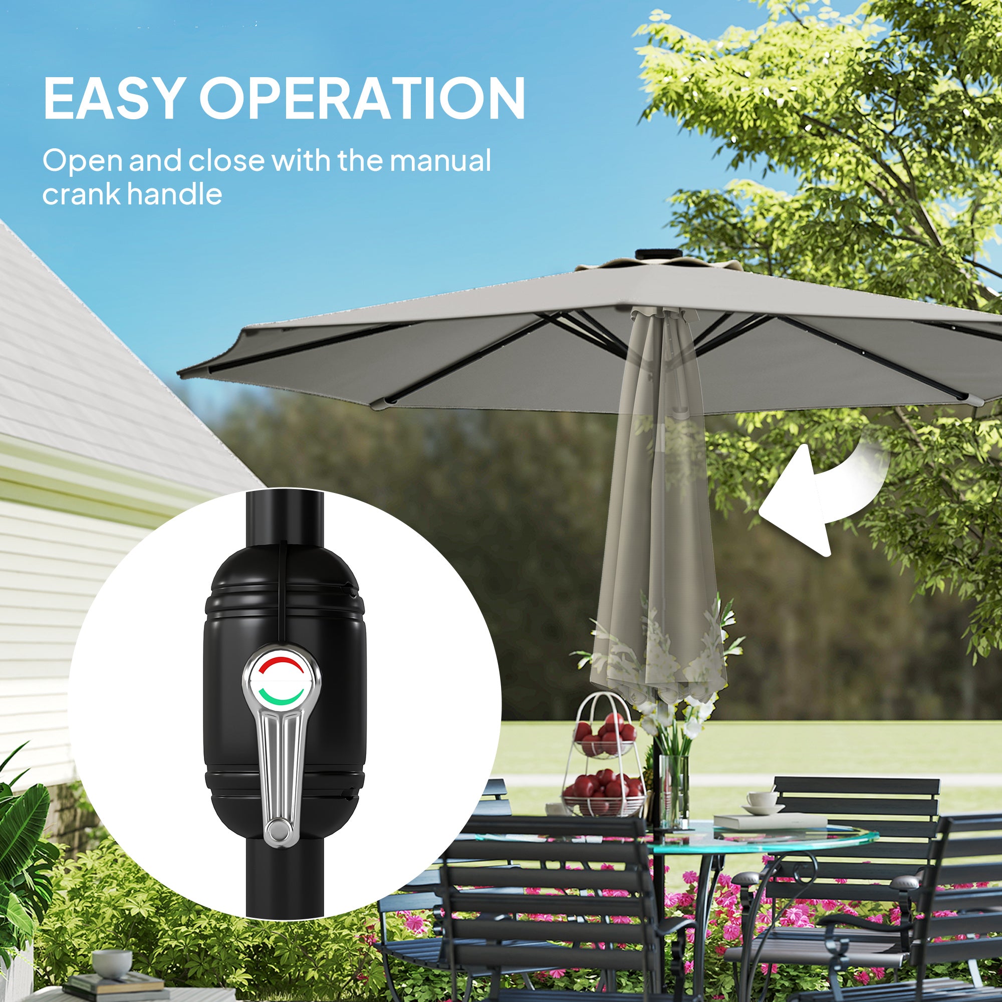 2.6 m Garden Parasol Umbrella with LED Solar Light, Parasol Cover, Outdoor Market Patio Umbrella, Light Grey