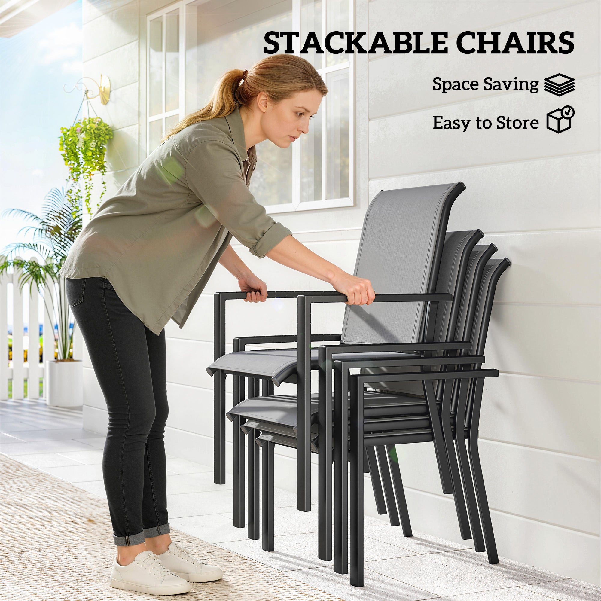 5 Pieces Outdoor Dining Set for 4, Garden Table and Stackable Chairs with Breathable Mesh Seat and Parasol Hole, Grey