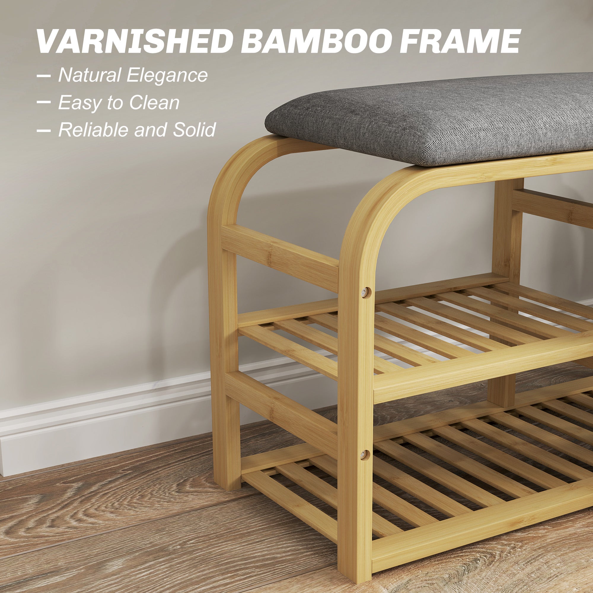 Bamboo Shoe Rack Bench with Padded Seat - Nature Wood Finish