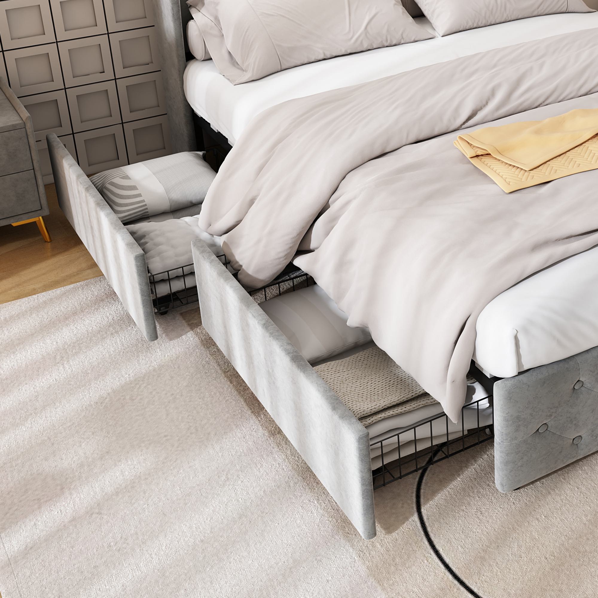 Double Upholstered Bed with 4 Drawers, USB Ports and Adjustable Lamp - Gray Velvet