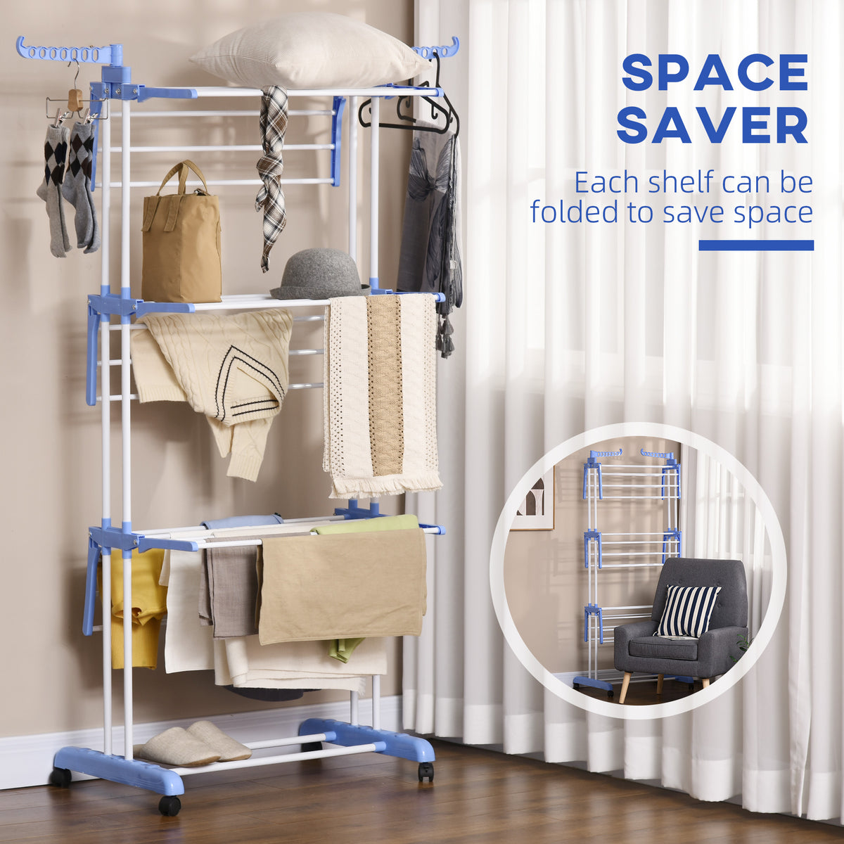 4-Tier Foldable Steel Clothes Drying Rack with Castors for Indoor & Outdoor Use - Blue