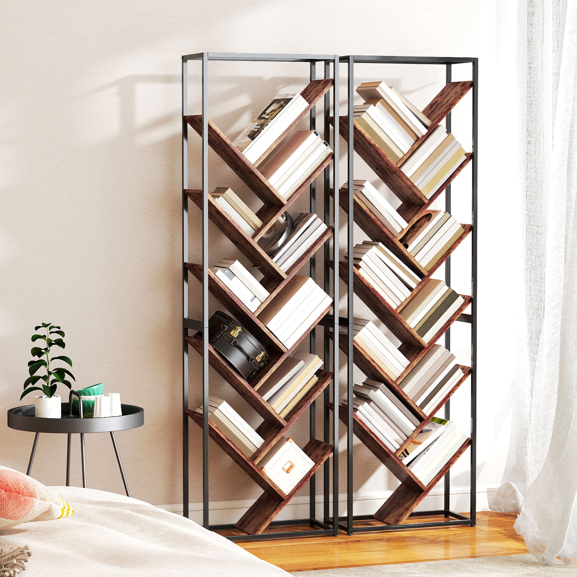 10 Shelf Industrial-Style Bookshelf - Black/Brown