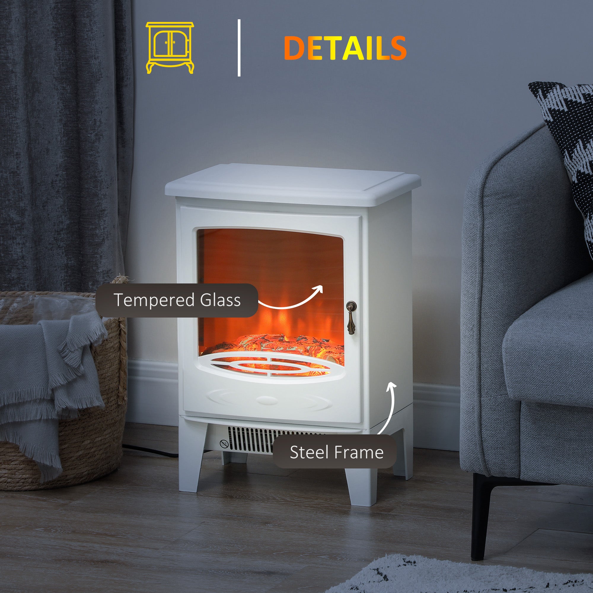 Tempered Glass Casing Electric Fireplace, Freestanding Electric Fire with Realistic Flame Effect, Electric Log Burner with Overheat Protection, 950w/ 1850W, White