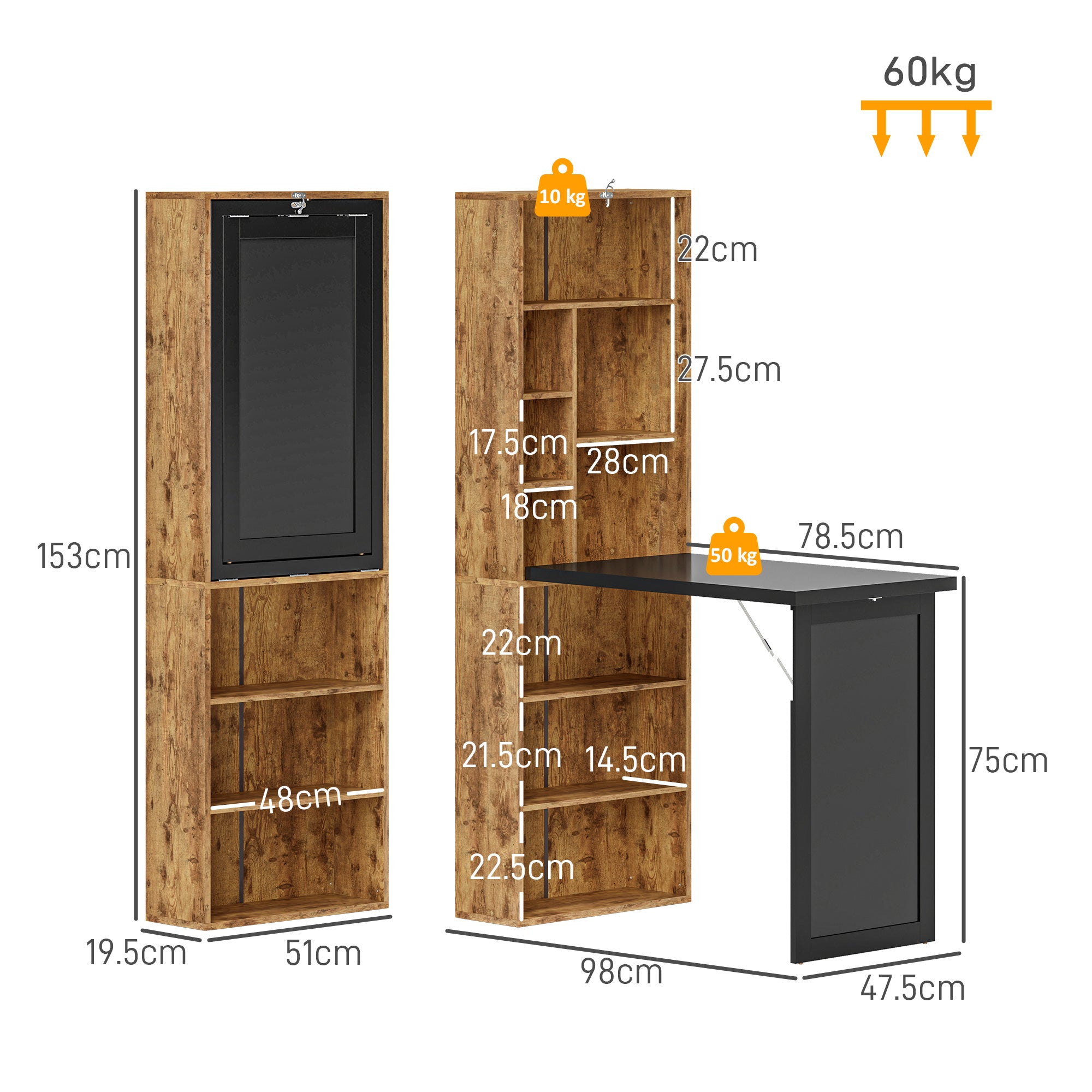 Folding Desk with Blackboard Multi-function Computer Office Workstation Side Shelf for Home Office, Rustic Brown