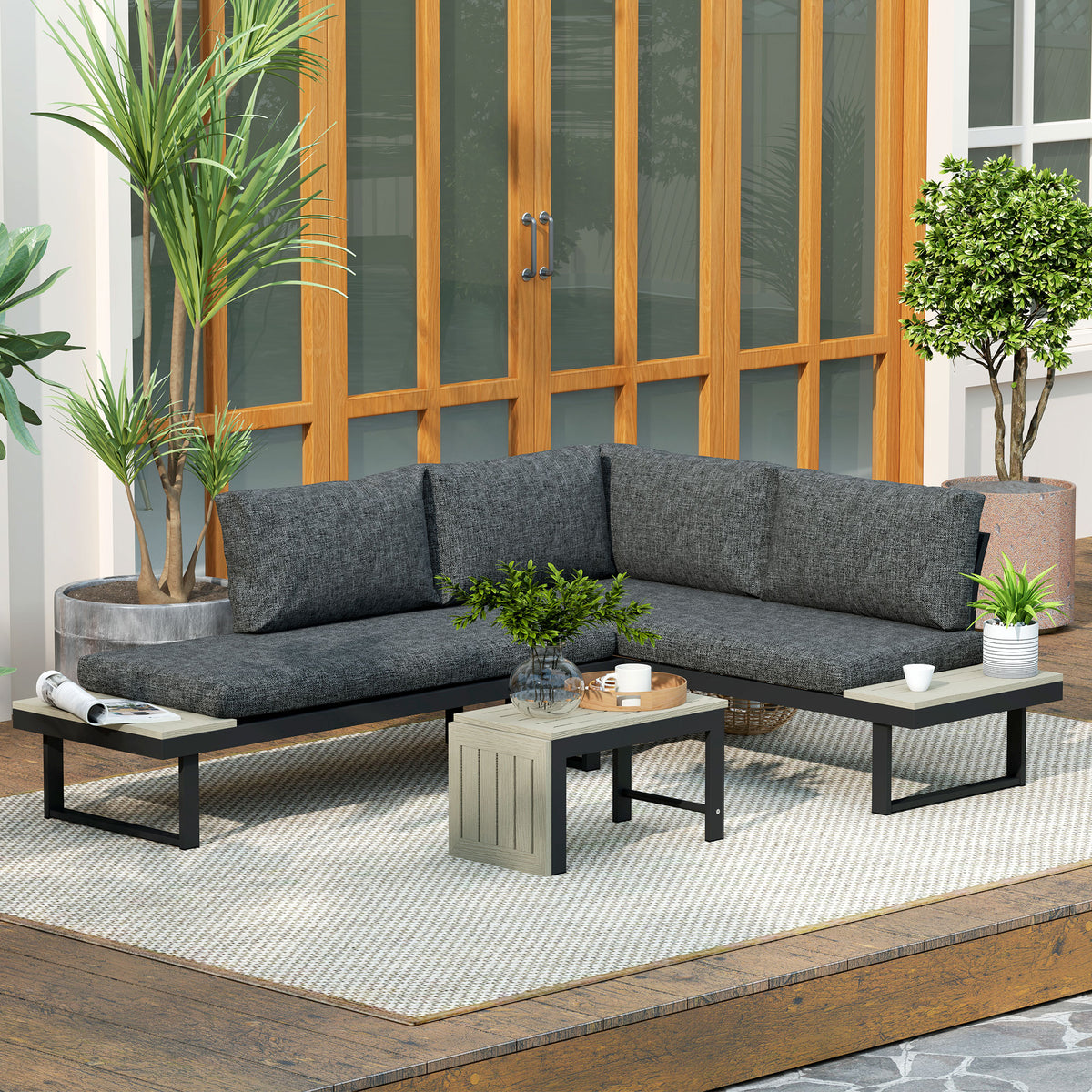 4 Seater L Shaped Aluminium Sectional Garden Furniture Set with 2 Loveseats & Wood-Plastic Coffee Table - Dark Grey