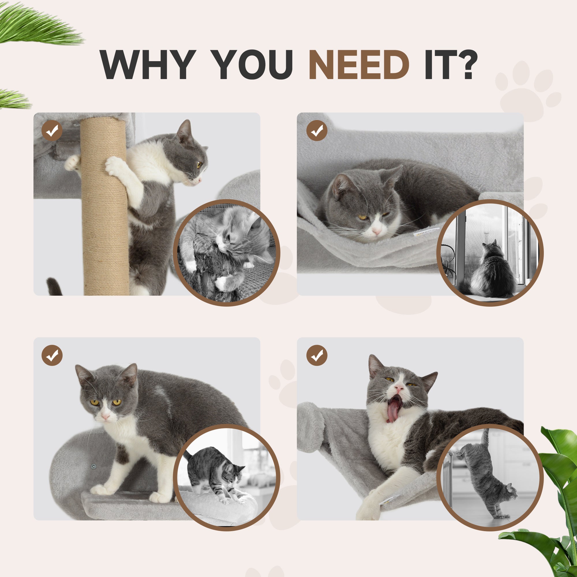 4 Piece Cat Shelves w/ Scratching Post, Steps, Jumping Platform, Ladder, Toy Balls, for Indoor Cats, Light Grey