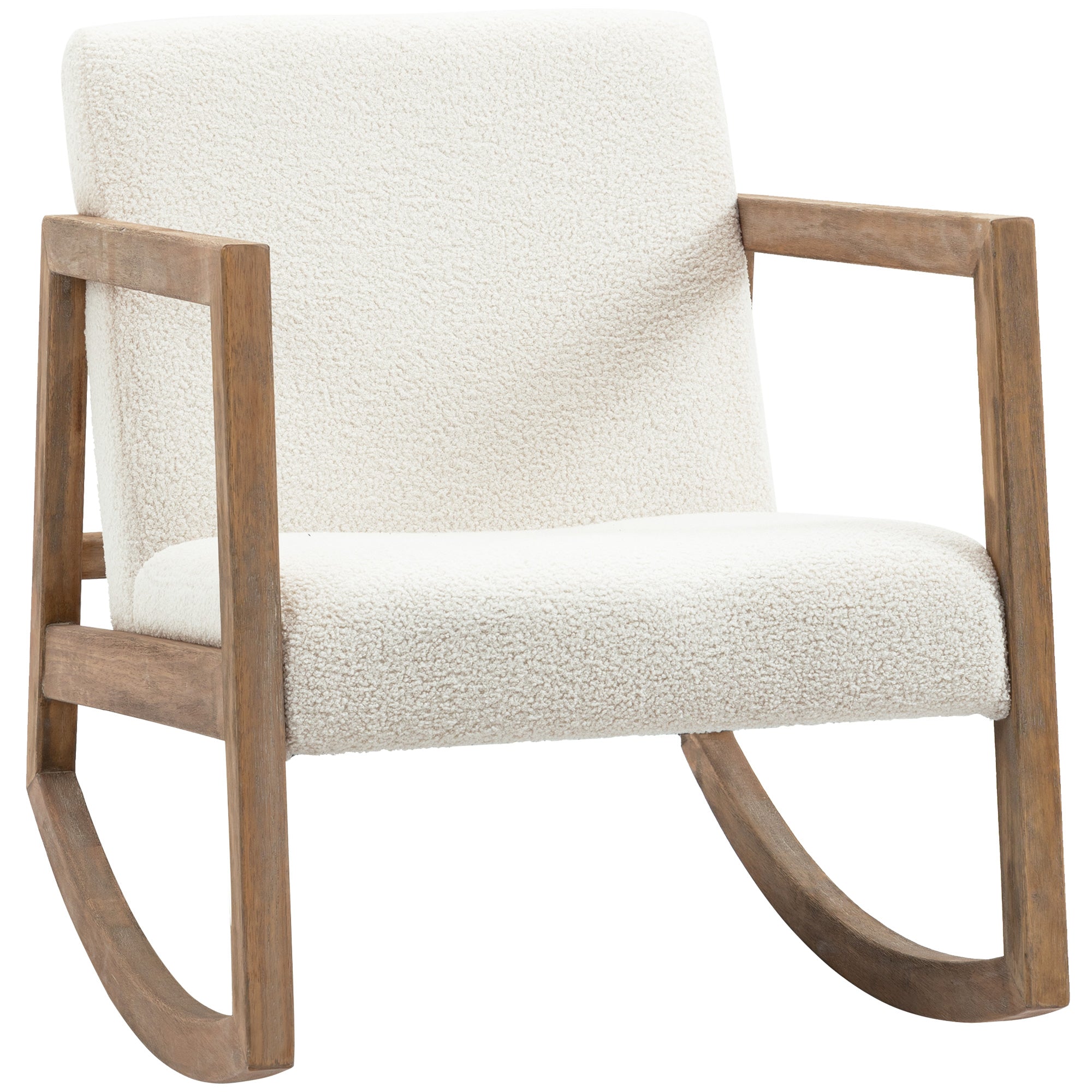 Rocking Chair, Upholstered Sofa Armchair with Cushion and Wood Base for Living Room and Bedroom, Cream White
