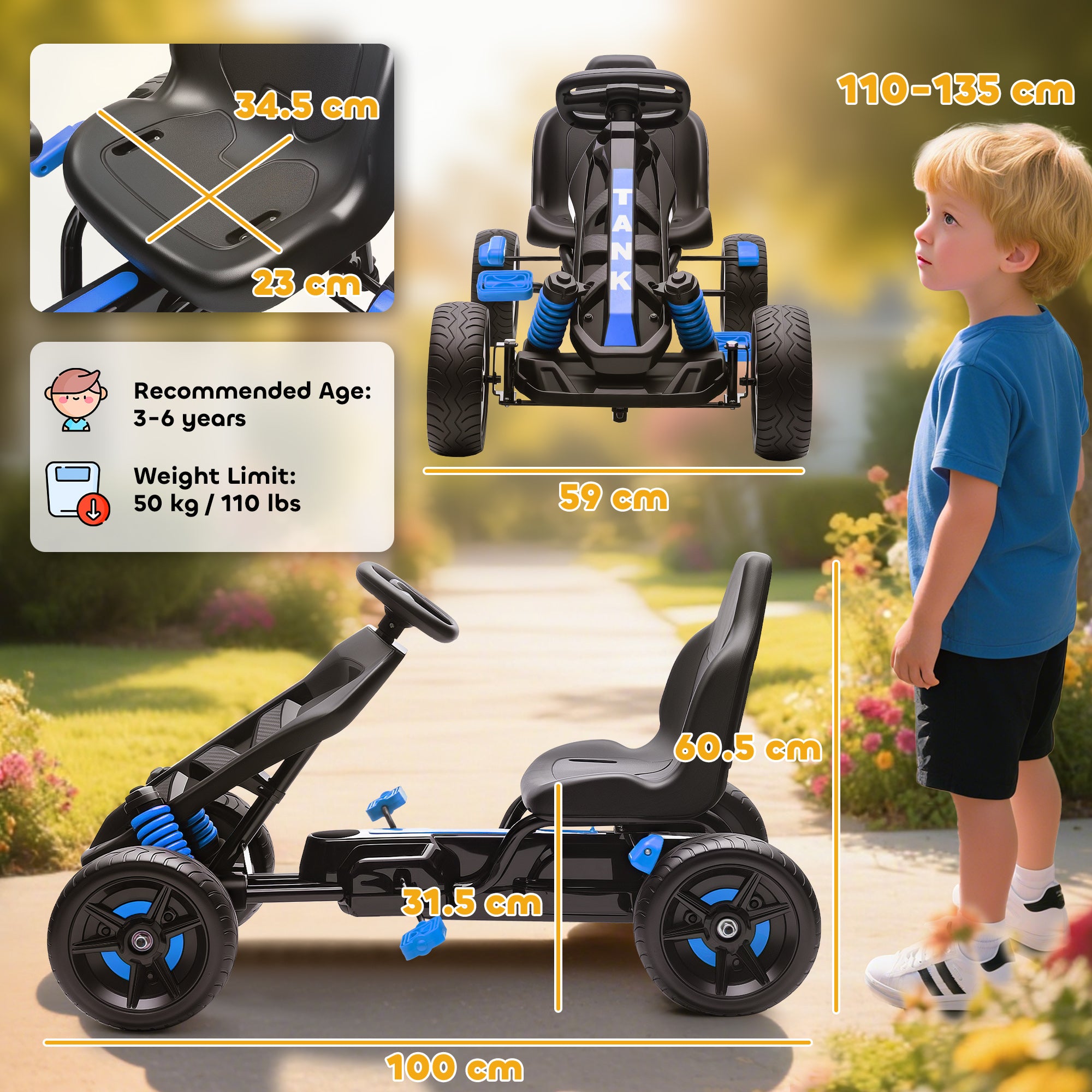 Pedal Go Kart for Kids Aged 3-6 Years, with Freewheel System, Brake, EVA Anti-Slip Wheels, Blue
