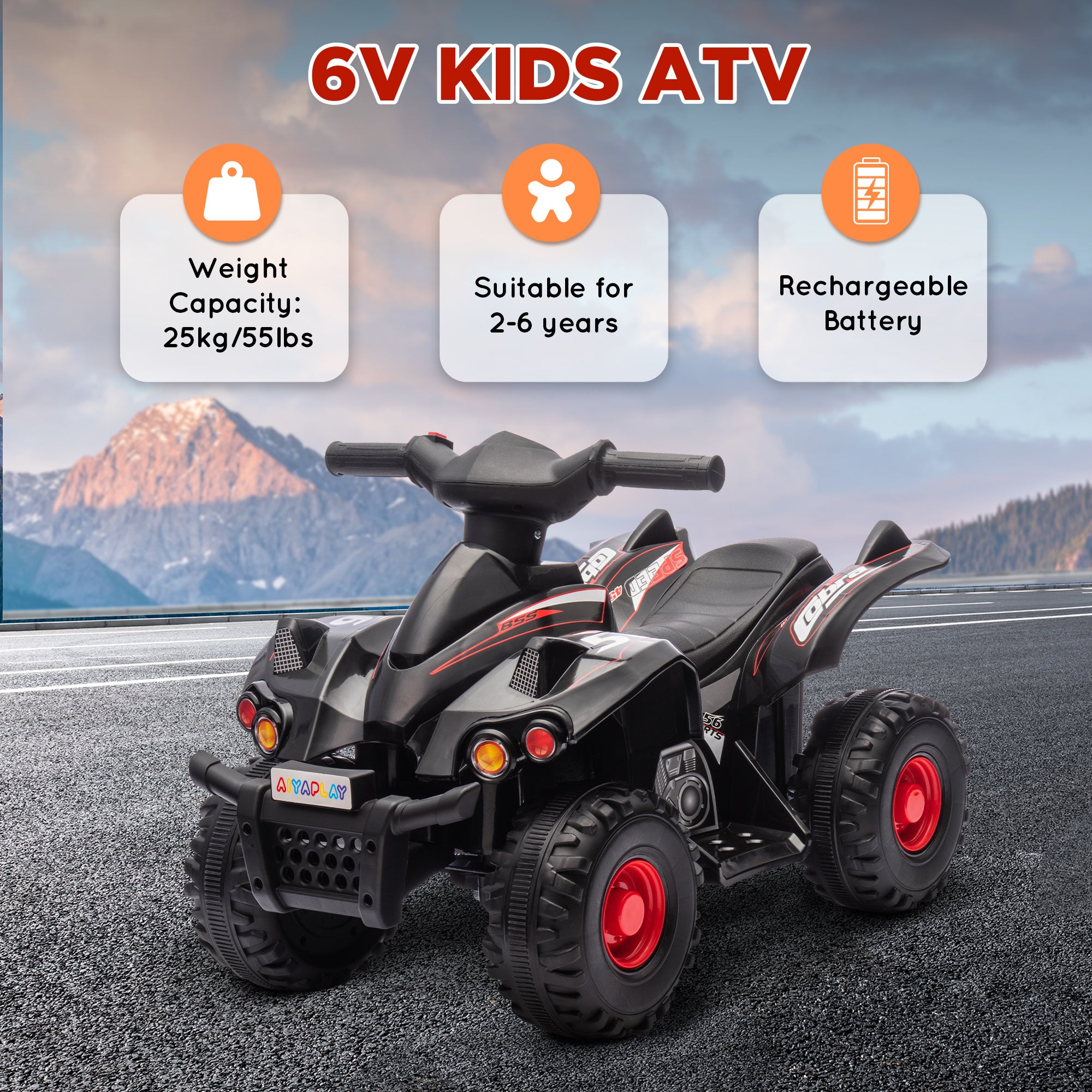 6V Kids Electric Quad Bike w/ Music, Forward Function, for 2-6 Years, Black