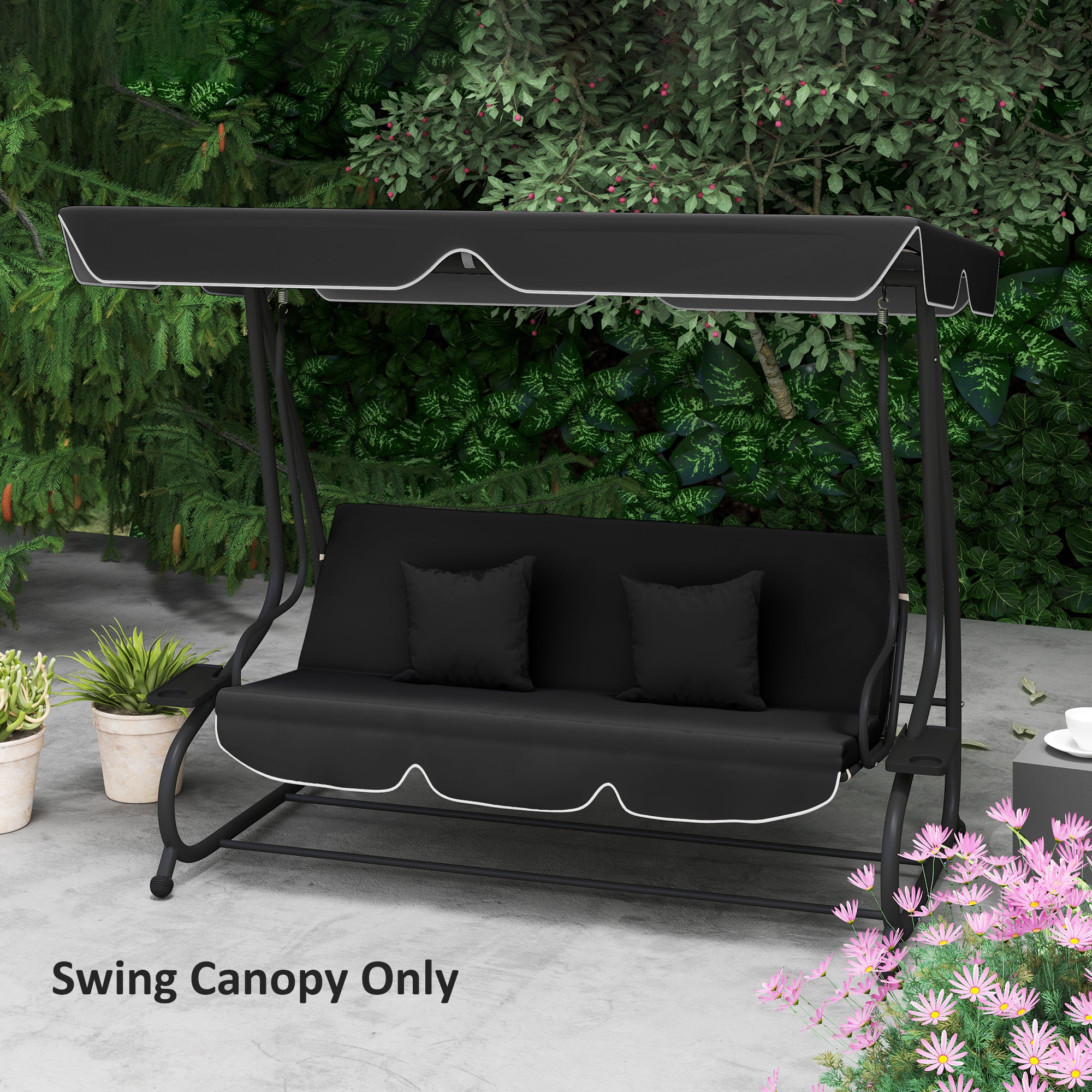 Garden Swing Canopy Replacement 3 Seater, Waterproof Garden Swing Seat Canopy Cover, Windproof Anti-UV Sun Shade (Canopy Only) for Patio, Balcony, Black