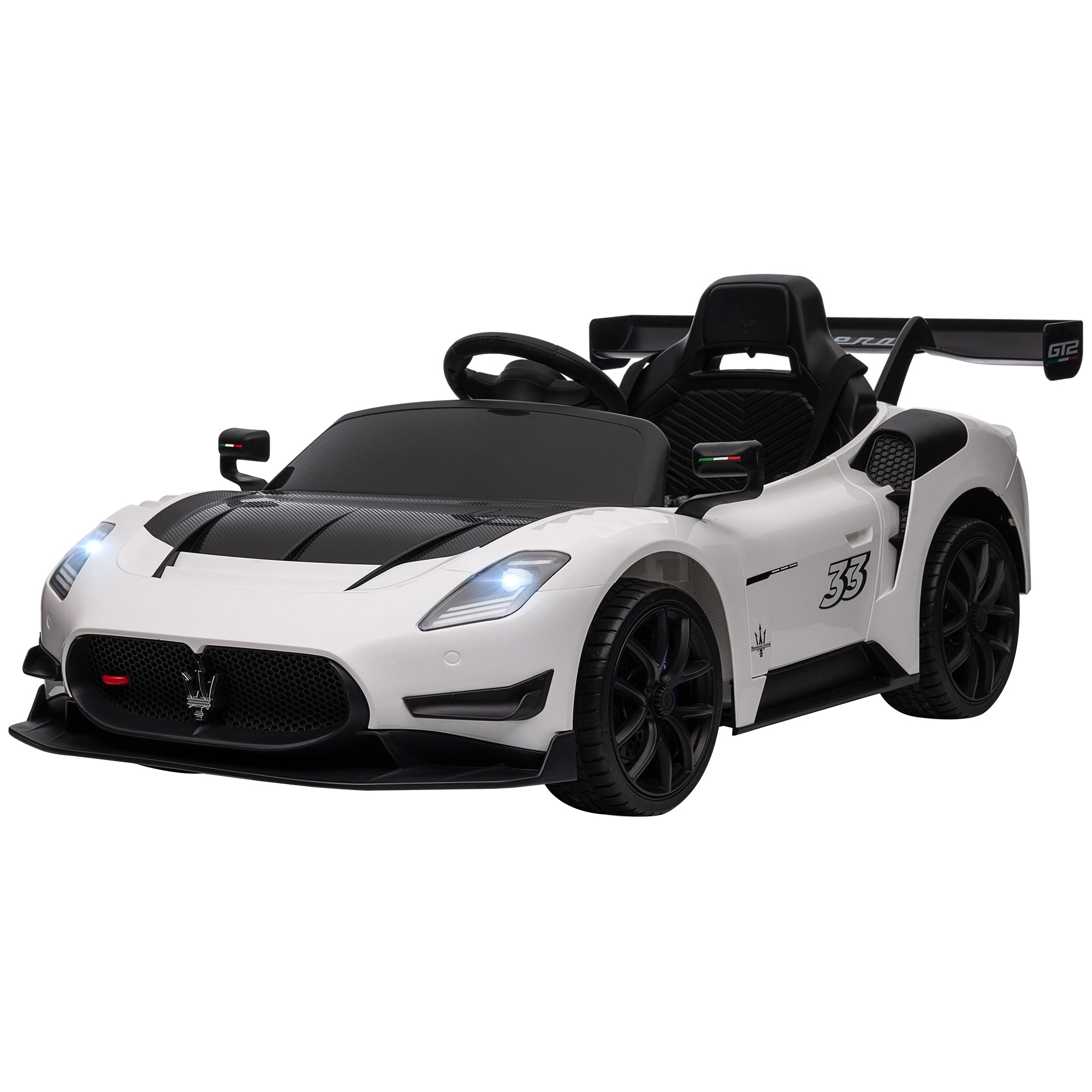 Maserati GT2 Licensed 12V Kids Electric Ride on Car with 4 Suspension, Remote Control Music Horn Lights - White