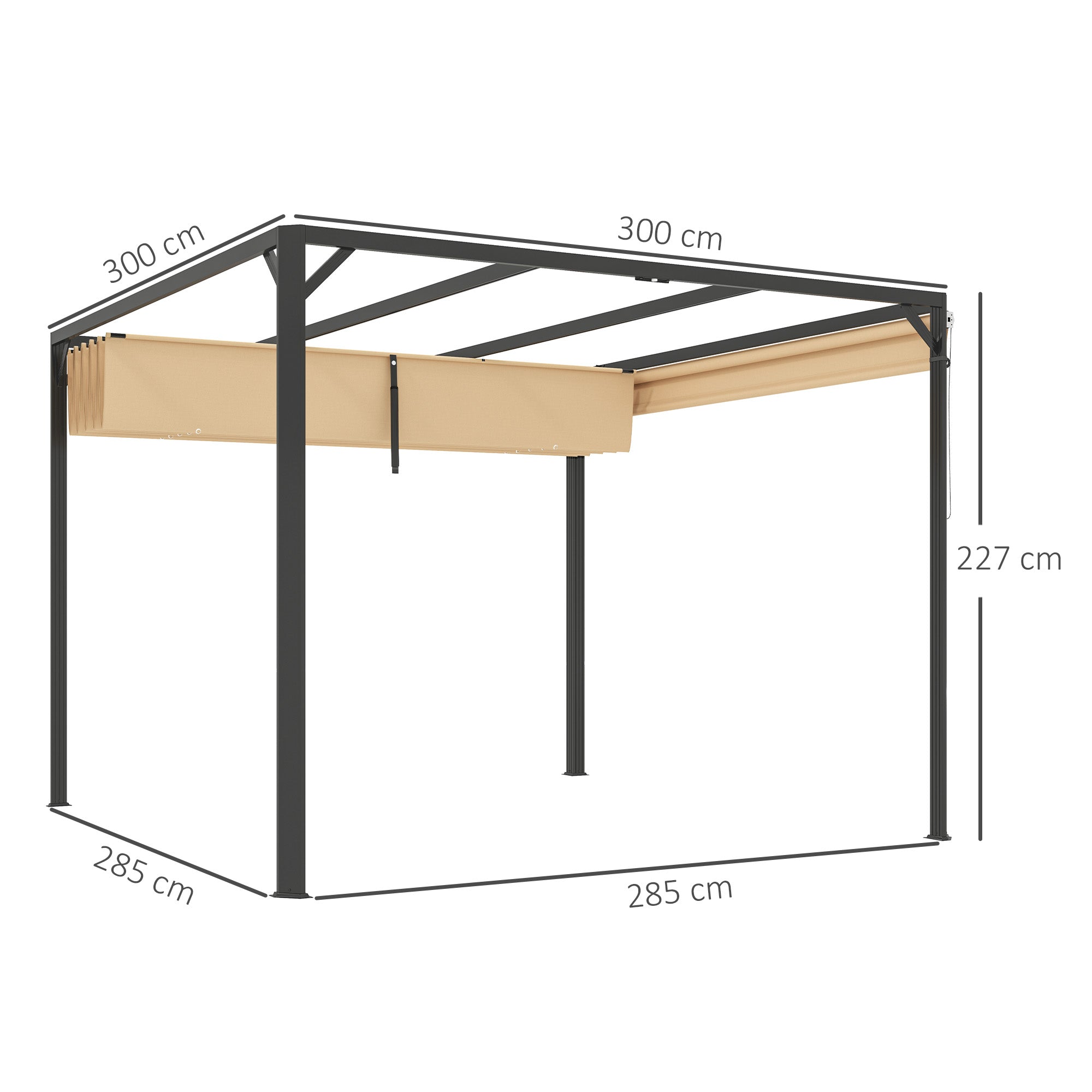 3 x 3 Metre Aluminium Pergola Set with Retractable Roof and Wall - Khaki