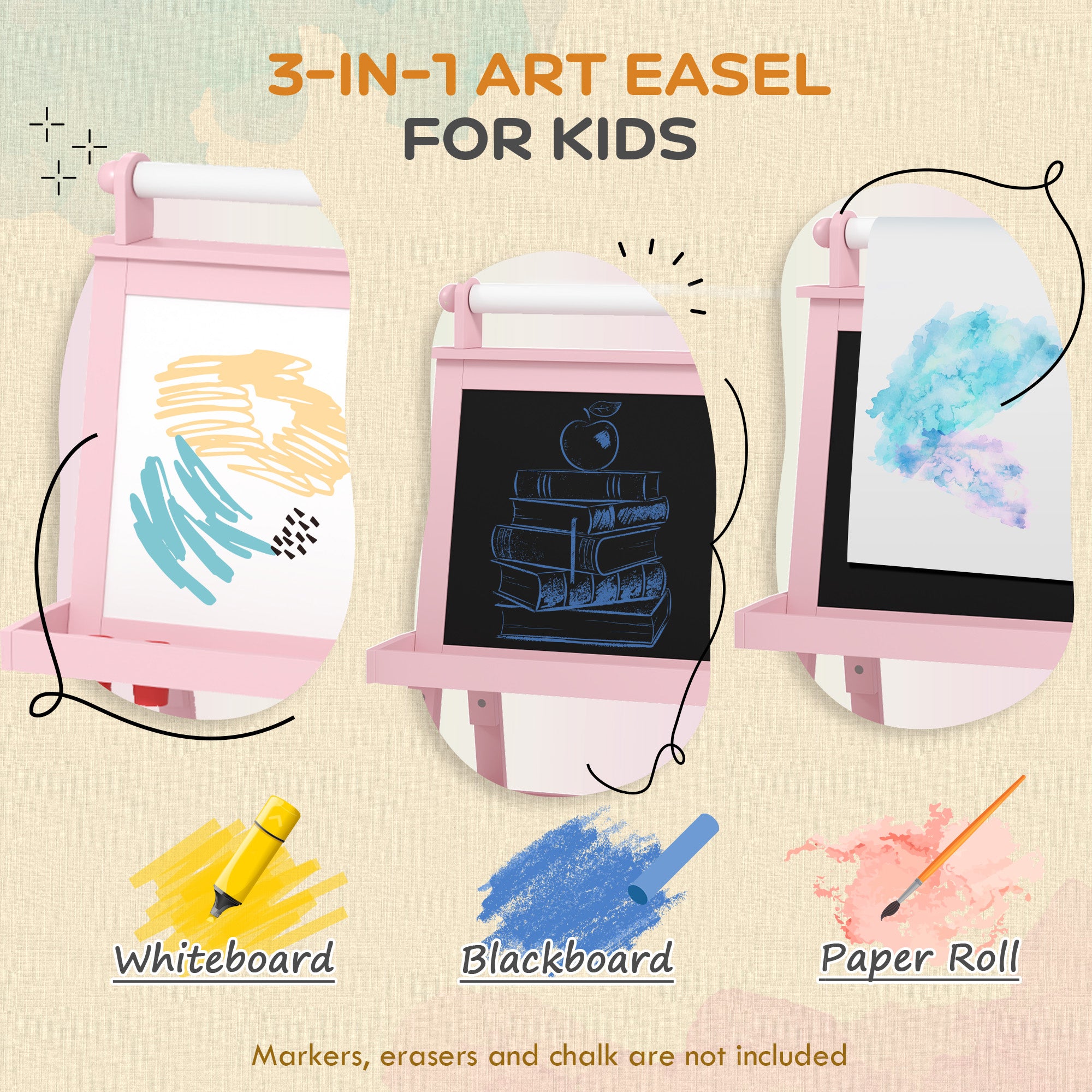 3 Piece Kids Easel Set Double-Sided Magnetic Whiteboard and Chalkboard Pink