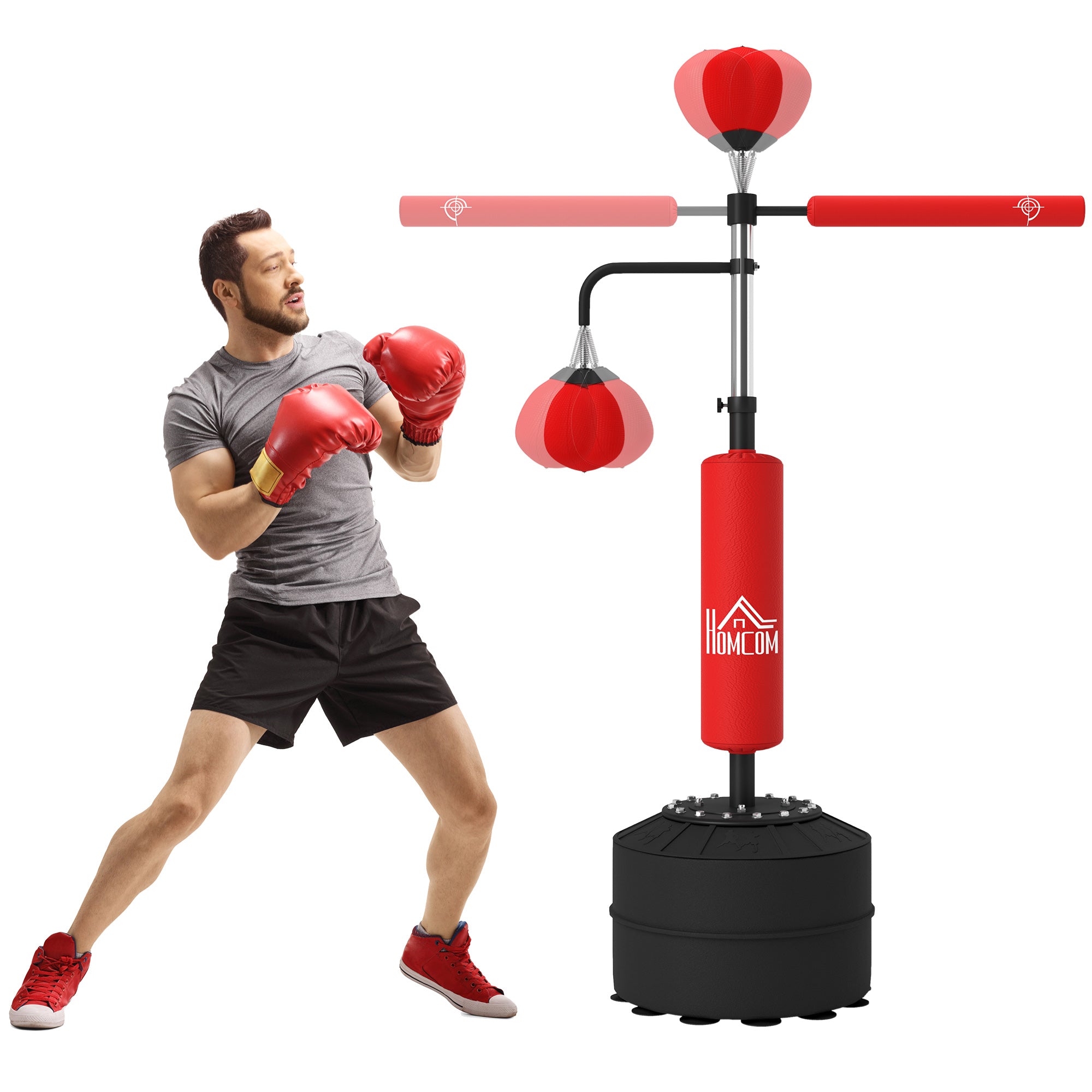 3-in-1 Boxing Punching Bag, Freestanding with 2 Speed Bals, 360° Reflex Bar, 160-230cm Adjustable Height, Red