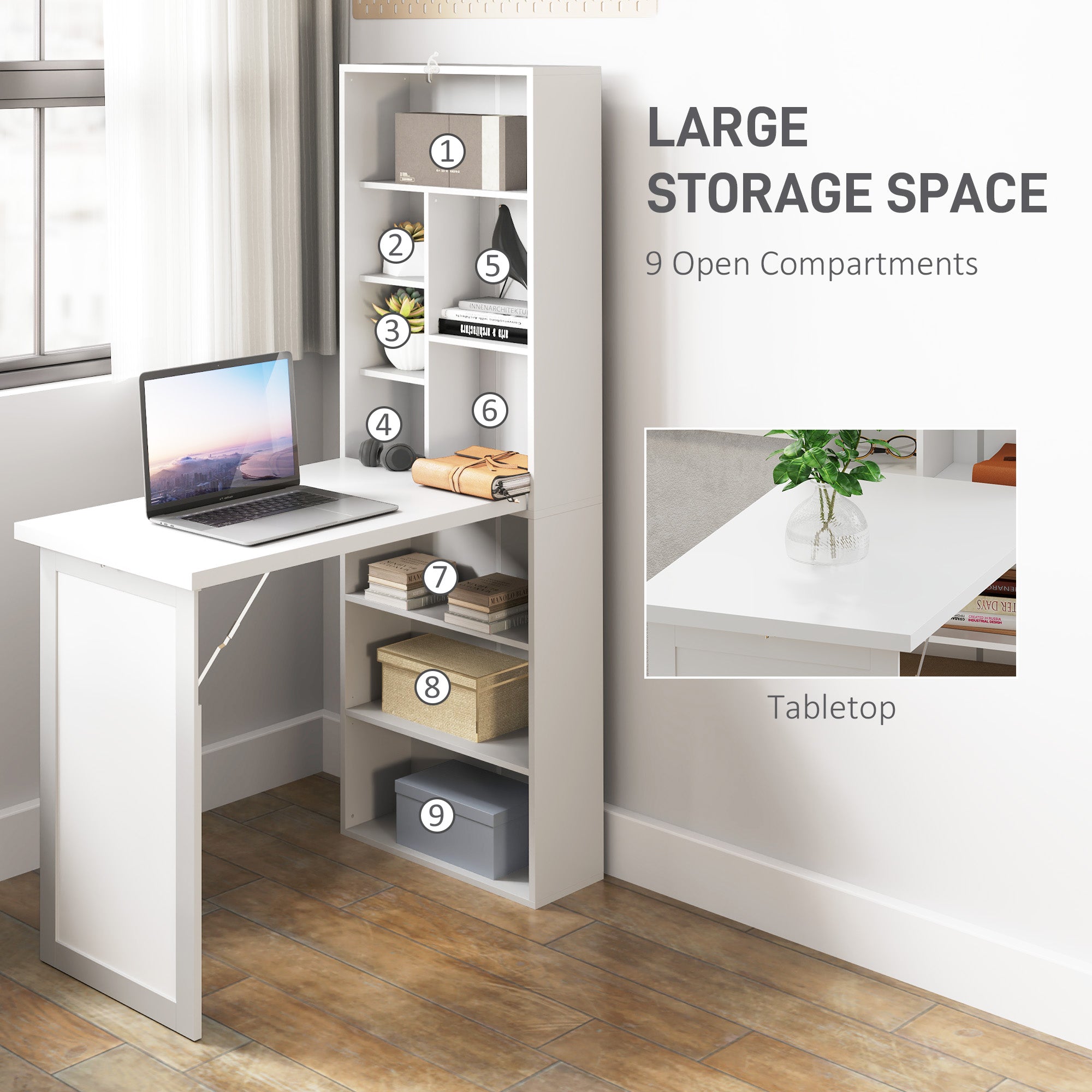 Three-Part Work Desk, with Storage and Writing Board - White