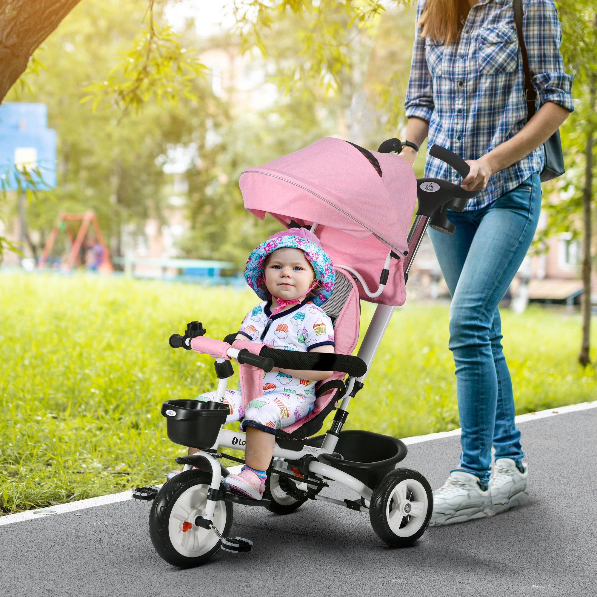 Metal Frame 6 in 1 Baby Push Tricycle with Parent Handle for 1-5 Years Old, Pink