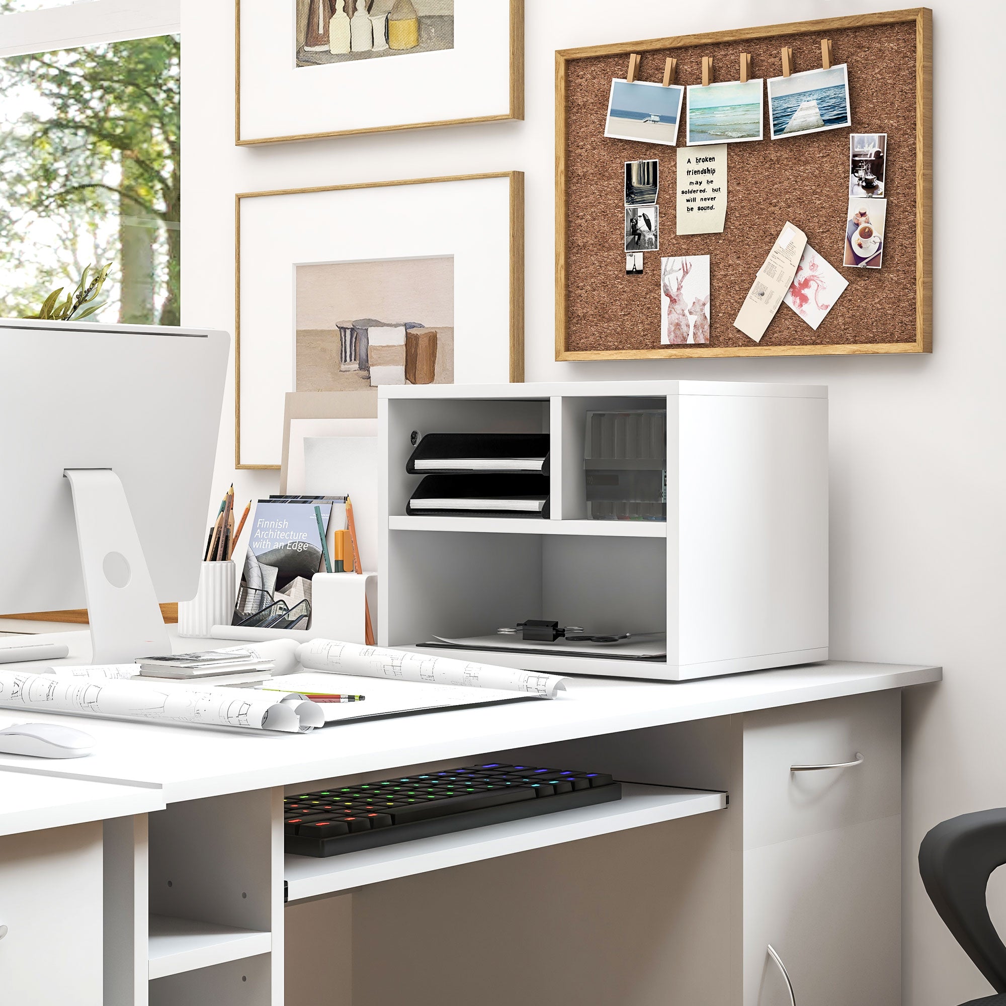 Three-Compartment Printer Cabinet, with Wheels - White