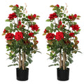 90cm Artificial Rose Tree Set of 2, Decorative Fake Plant with 344 Silk Leaves 17 Flowers for Outdoor Indoor Decor, Red