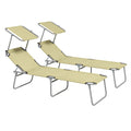 Outdoor Foldable Sun Lounger Set of 2 with 4-Level Adjustable Backrest and Sun Shade Awning - Beige