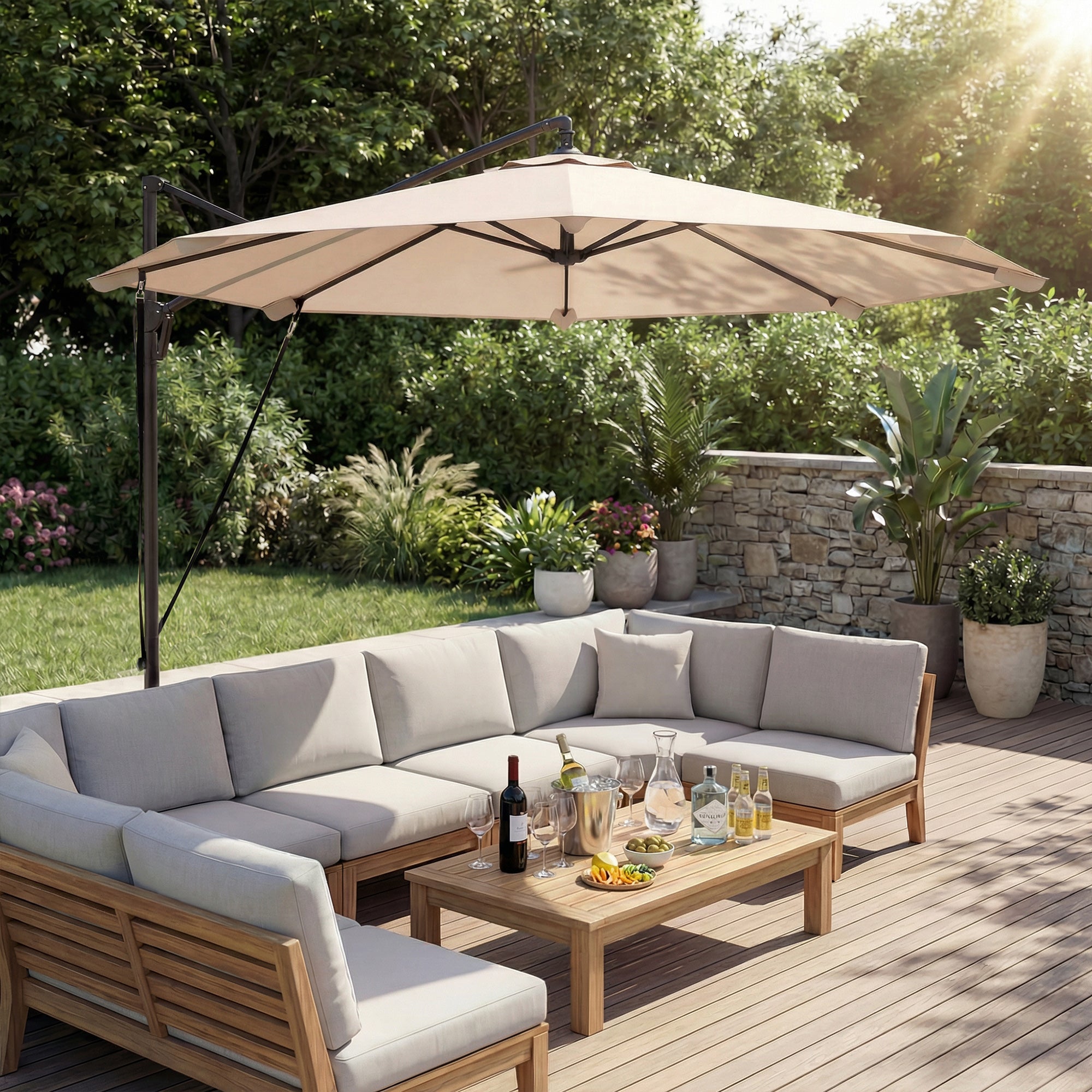 3 m Cantilever Parasol with Protective Cover and Wind Ropes, Banana Parasol with Crank Handle, Khaki