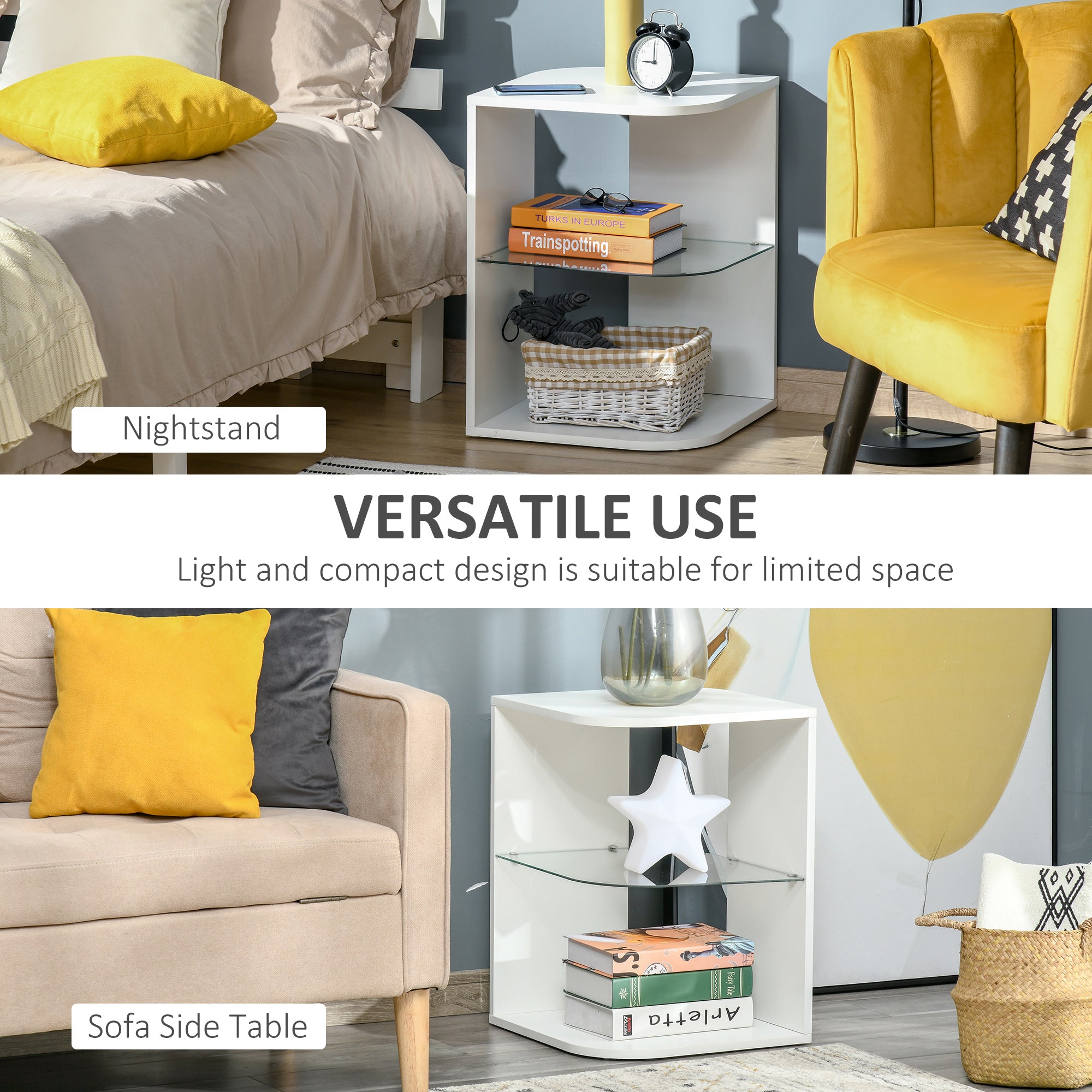 Modern Side Table Set of 2, Three Layer Bedside Table Nightstand with 2 Storage Shelves, for Living room, Bedroom, White