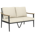2 Seater Rattan Sofa, Outdoor Garden Sofa with Wood-Effect Armrests, Cushions for Patio, Balcony, Khaki