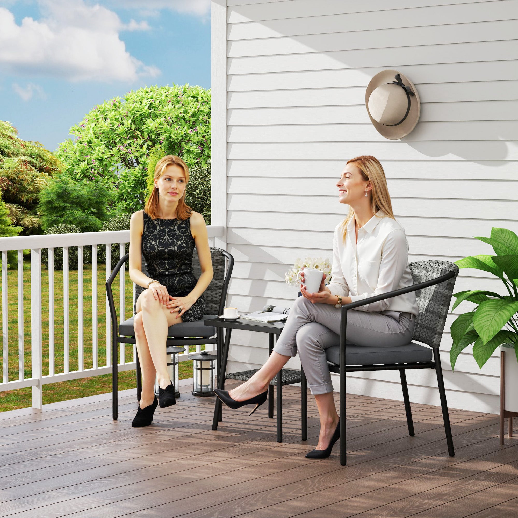 3 Piece Rattan Bistro Set with Cushions and Glass Top Table - Grey