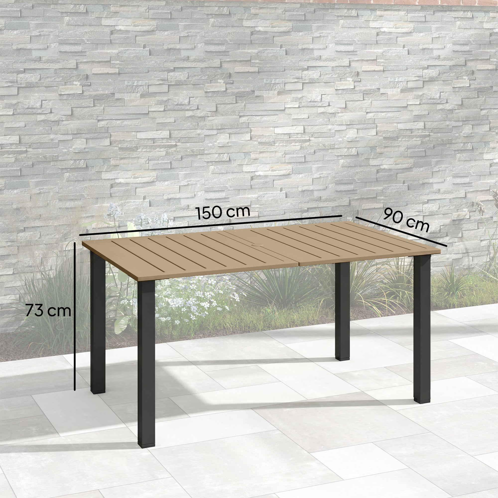 Garden Dining Table for 6 with Parasol Hole, Rectangle Outdoor Garden Table with Slatted Metal Top, Steel Frame, Brown