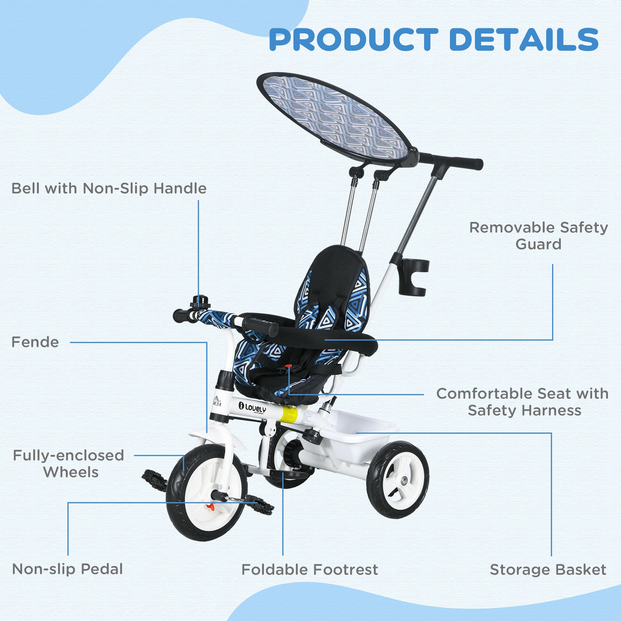 6 in 1 Tricycle for Kids with 5-point harness straps, Removable Canopy, Blue