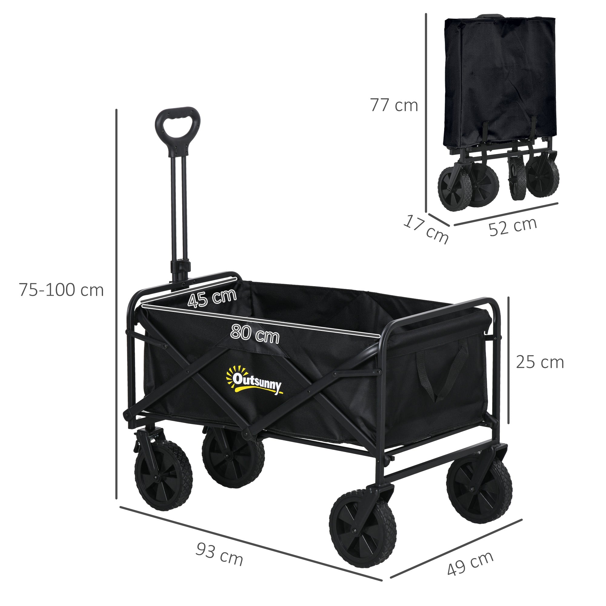 Folding Steel Frame Garden Storage Cart, with Wheels and Handle - Black