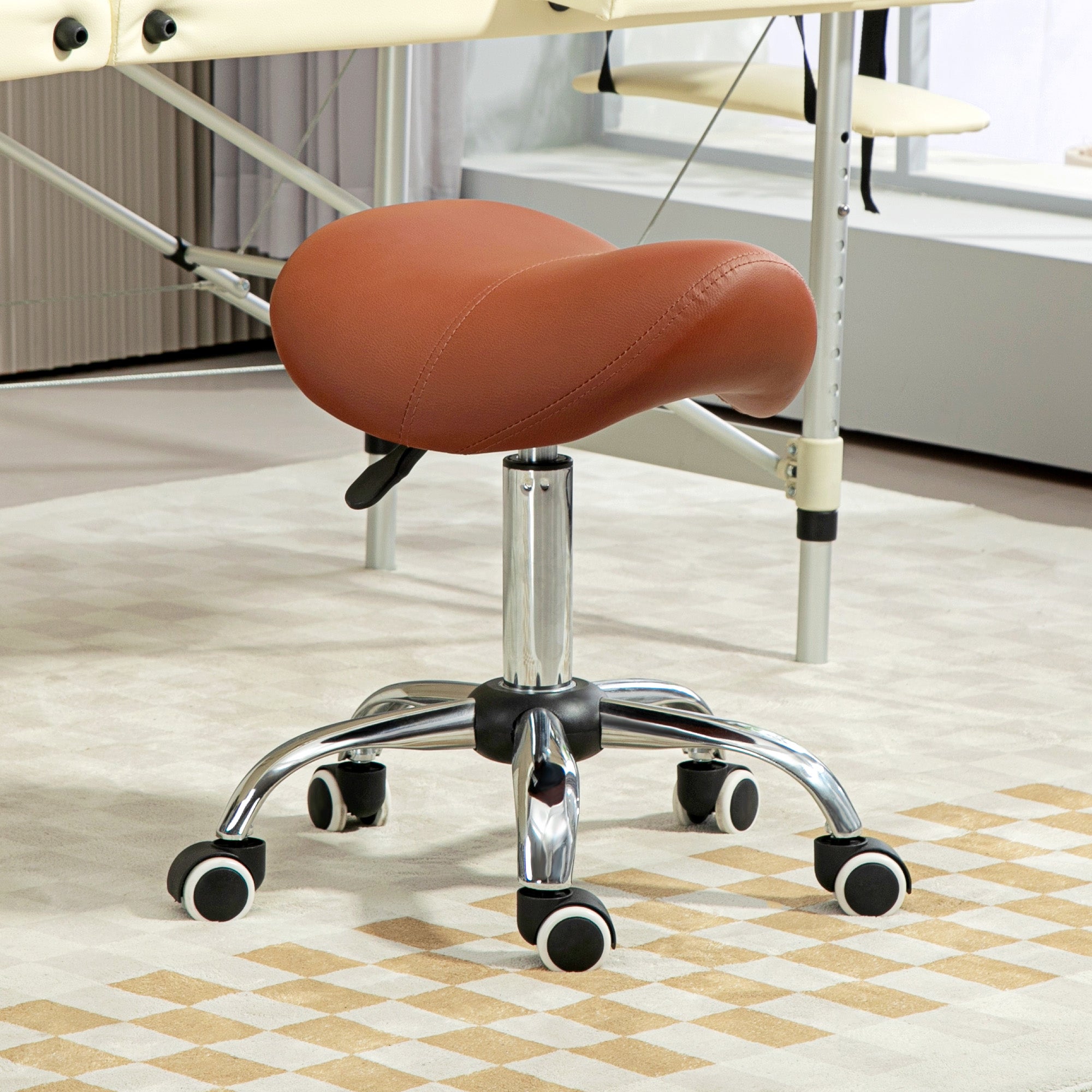 Saddle Stool, Height Adjustable Salon Chair for Massage Spa, Faux Leather, Brown