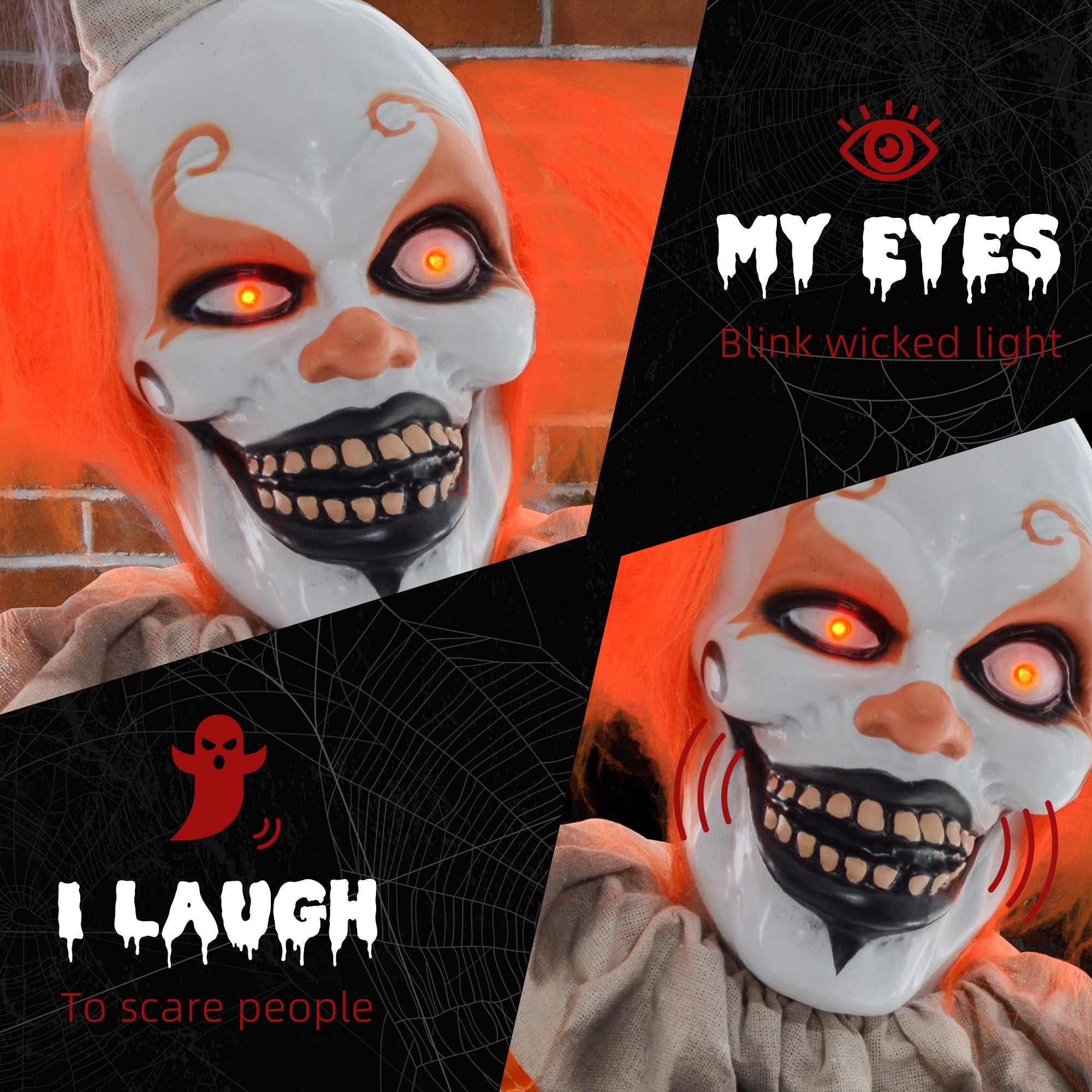 6' Orange Clown Halloween Animatronic, with Glowing Eyes