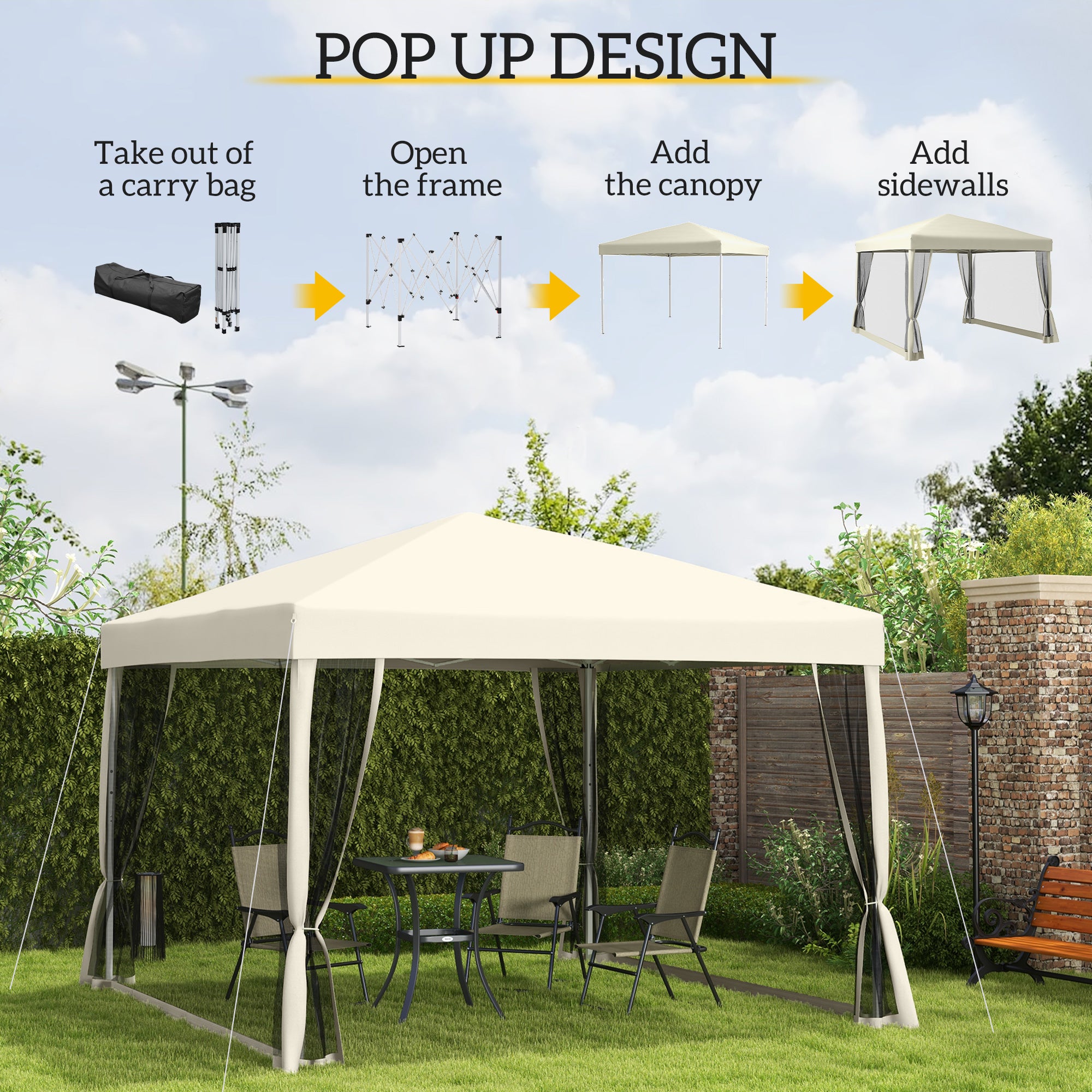 3 x 3(m) Pop Up Gazebo Canopy Tent with Carry Bag, Height Adjustable Mesh Screen House, Portable Garden Outdoor Shade Shelter