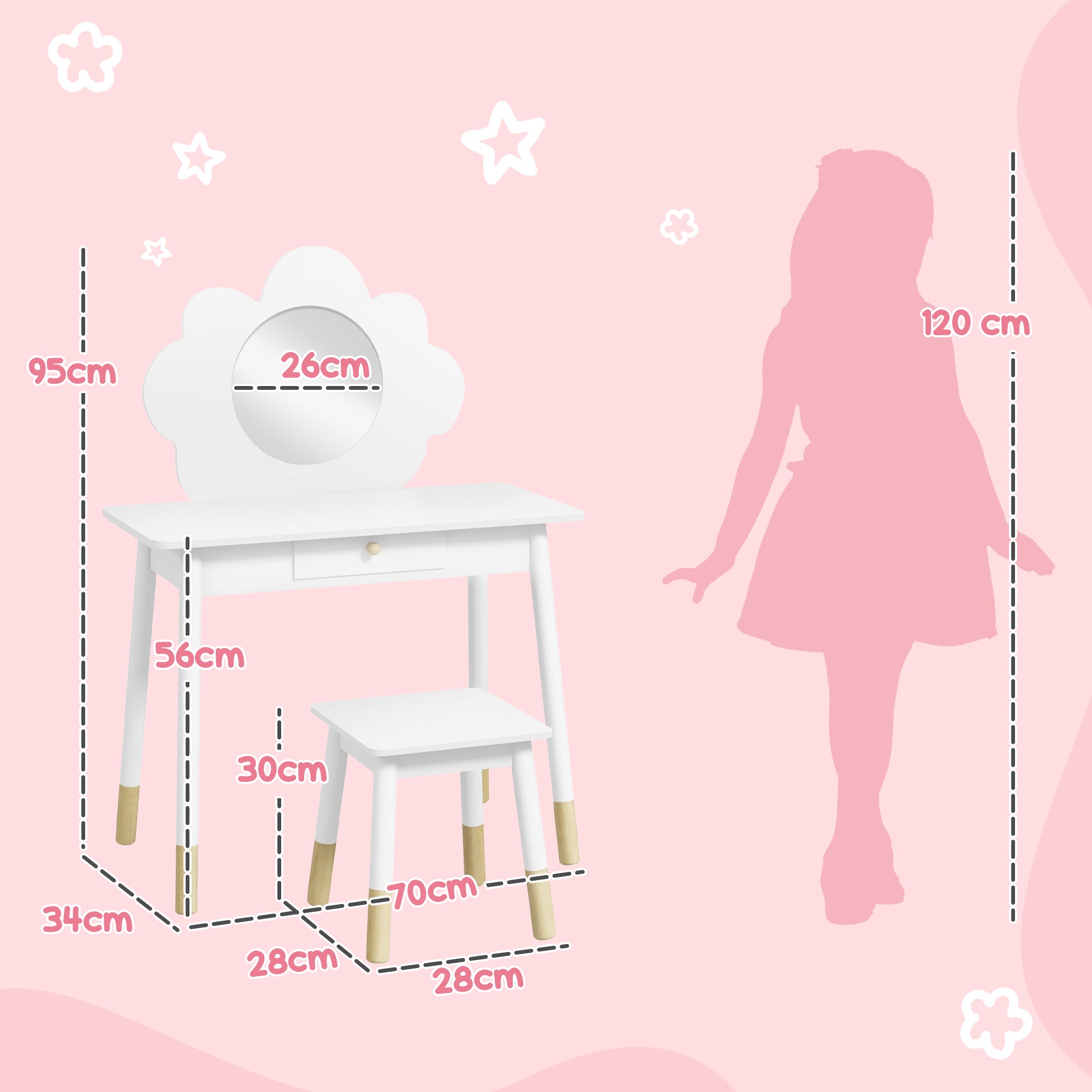 Kids Dressing Table with Mirror, Stool, Drawer, Cloud Design, White