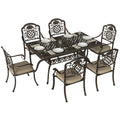 Garden Dining Set for 6, Cast Aluminium Outdoor Table and Chairs Set with Cushions, Parasol Hole for Patio, Bronze Tone