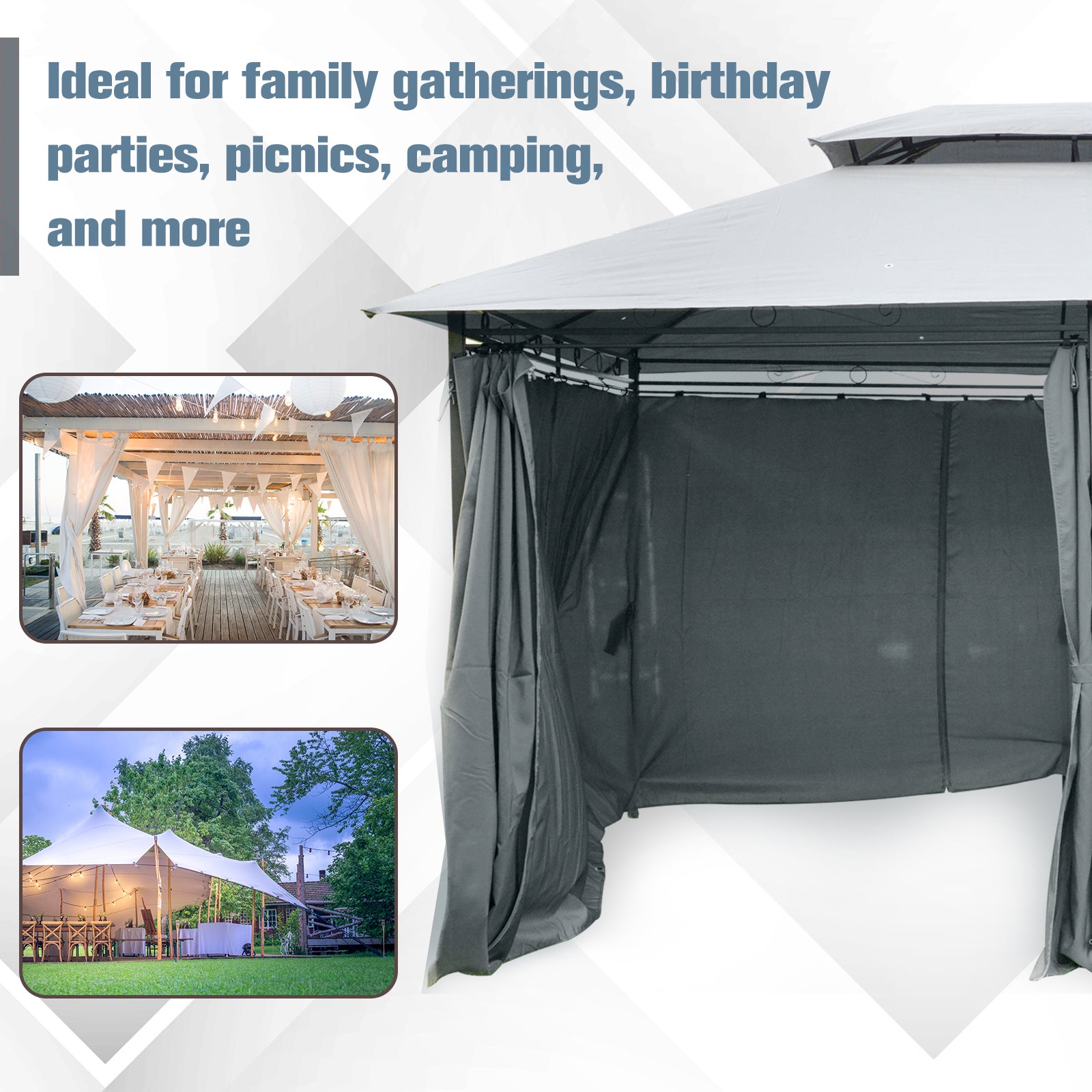 4m x 3(m)Garden Gazebo, Double Roof Outdoor Gazebo Canopy Shelter with Curtains, Solid Steel Frame for Lawn and Deck, Grey