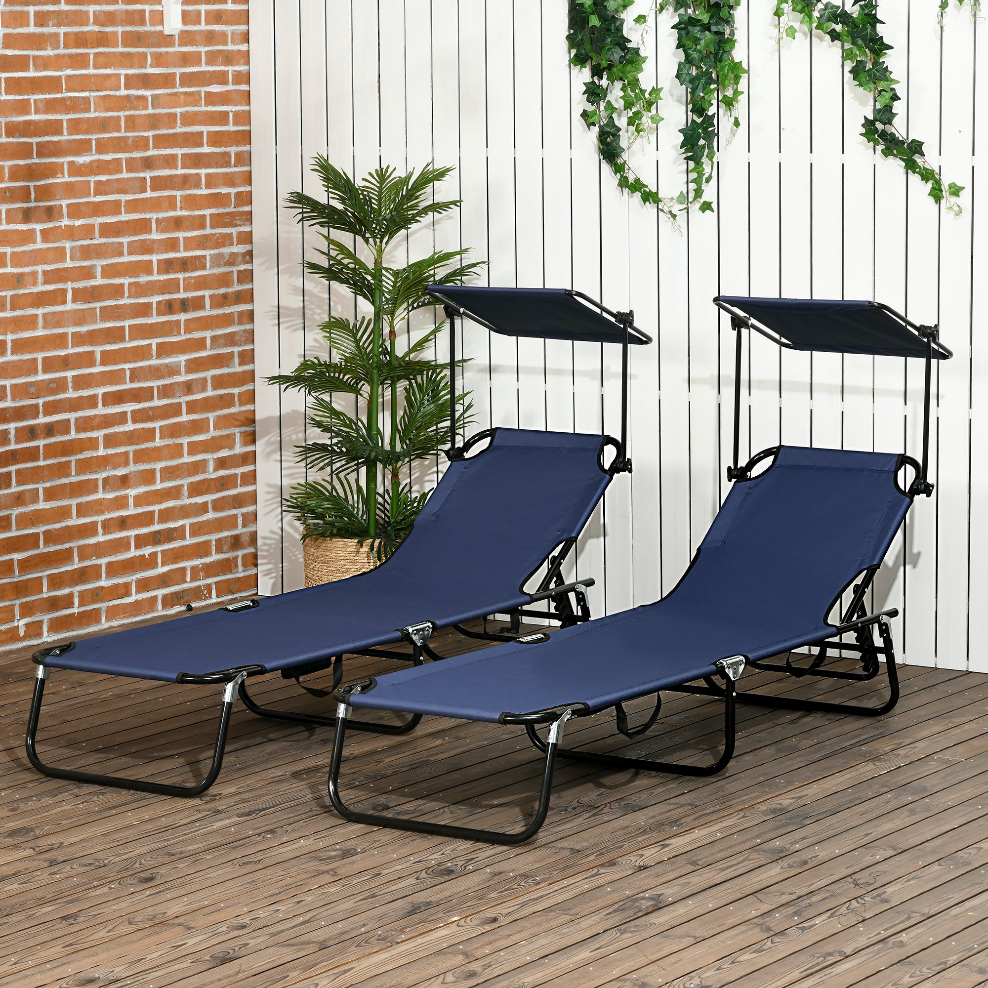 Set of Two Folding Sun Loungers, with Adjustable Backs and Sun Canopies - Dark Blue