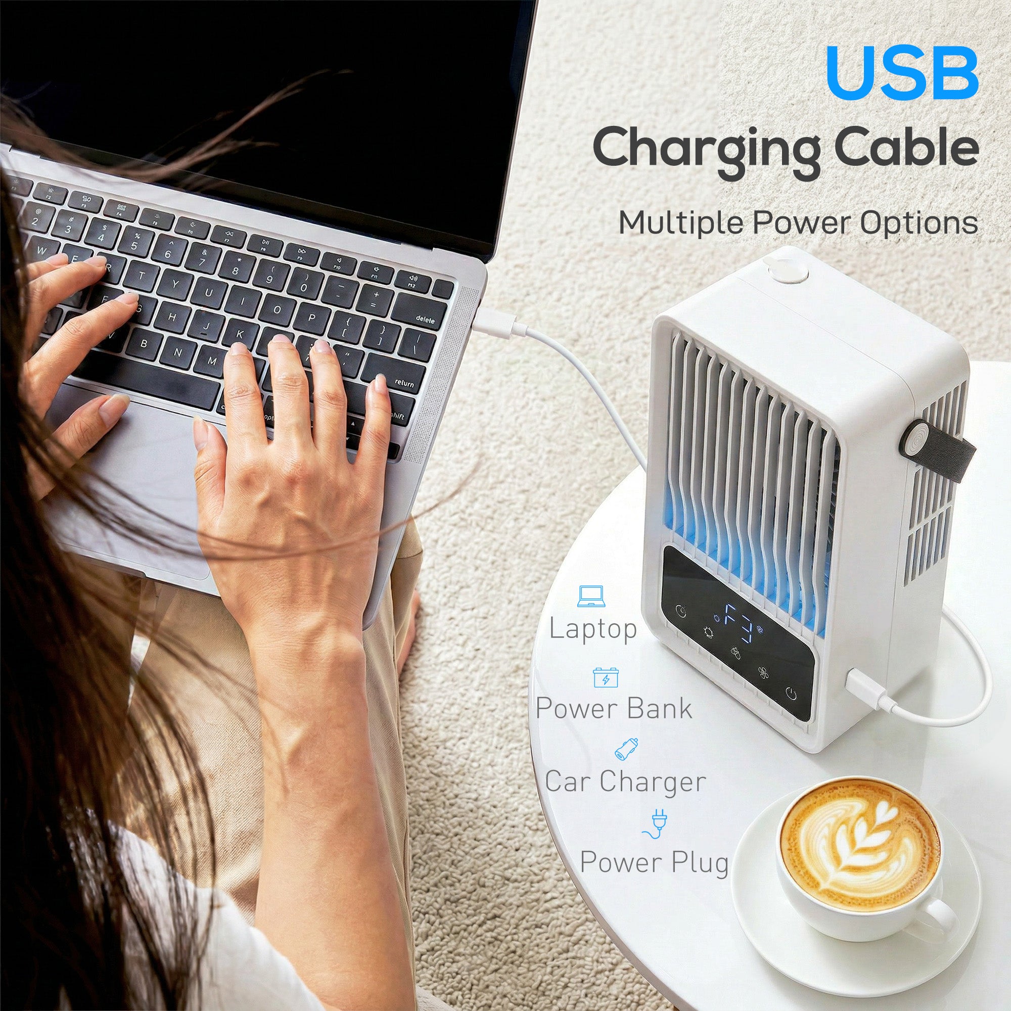 Portable Air Conditioner, 4-in-1 Mini Air Cooler with 3 Wind Speed, 2 Mist Mode, 7 Colour RGB Light, Black and White