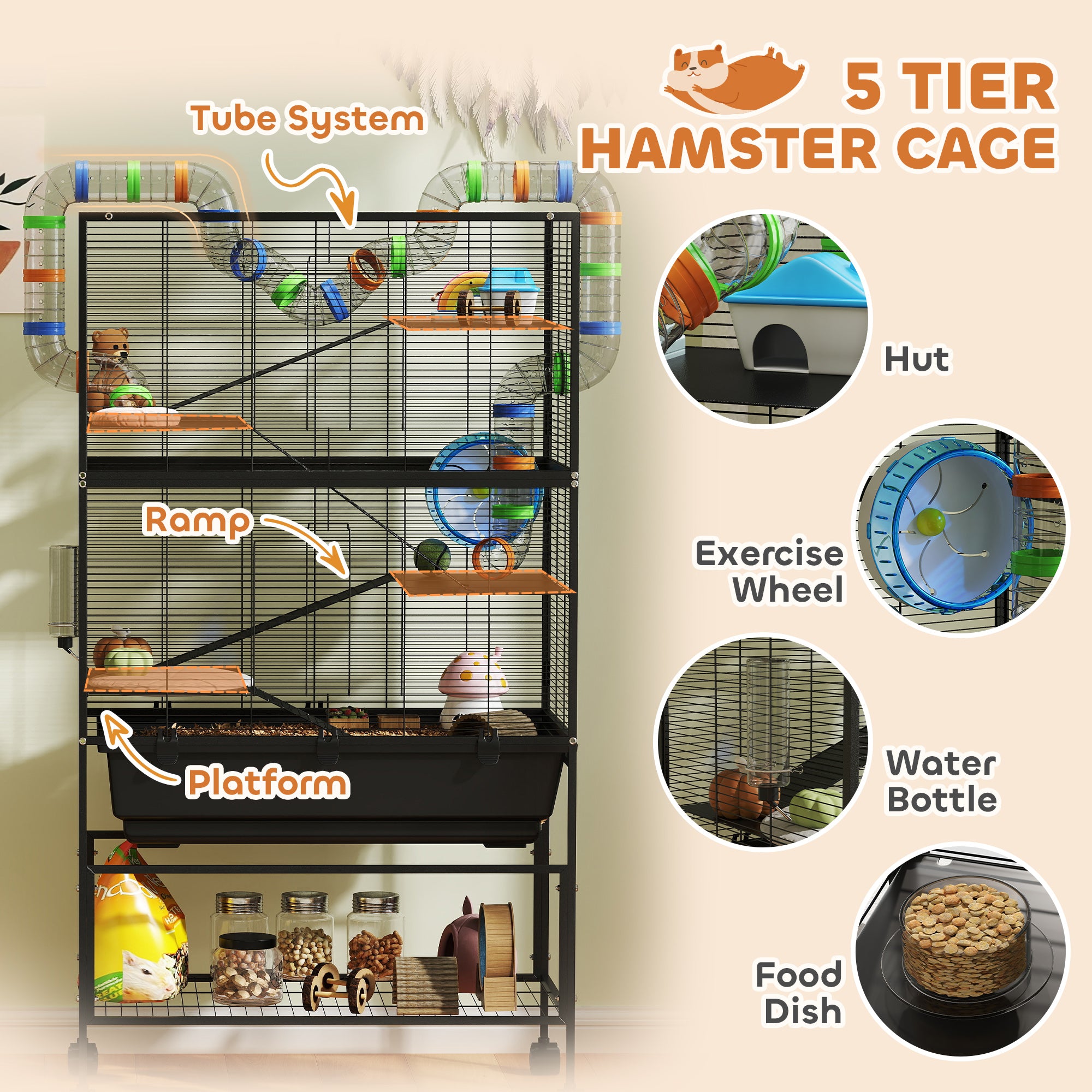 5 Tier Large Hamster Cage on Wheels with 17 cm Deep Tray, Storage Shelf for Syrian, Gerbil, Rats