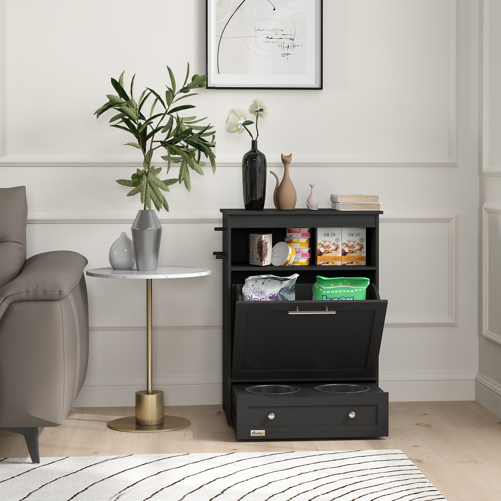 Pet Feeder Station, Dog, Cat Storage Container, with Raised Bowls, Hanger, Cabinet - Black