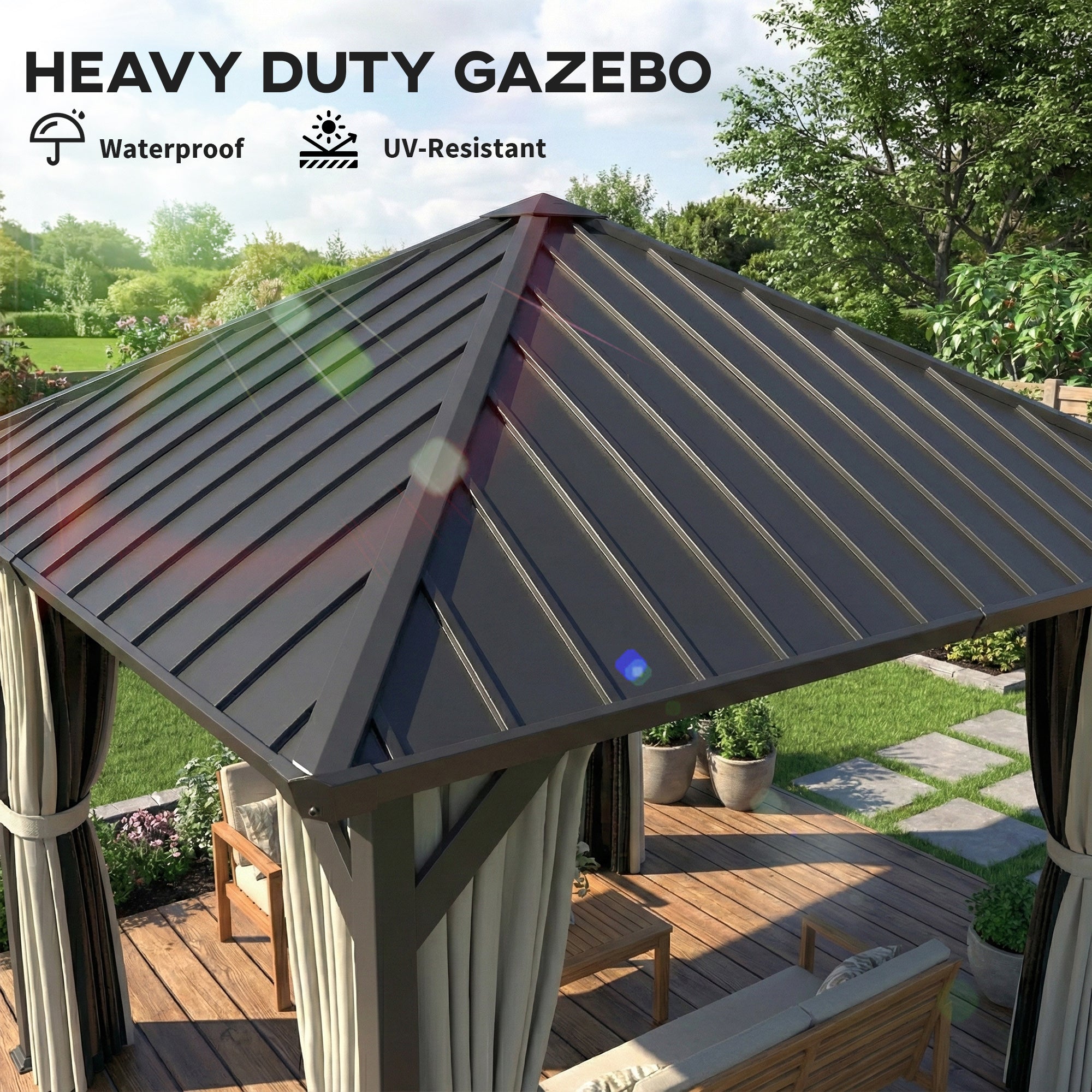 3 x 3(m) Hardtop Gazebo with Galvanised Steel Roof and Water Gutter, Waterproof Permanent Pavilion Garden Gazebo with Netting and Curtains for Patio, Deck, Black