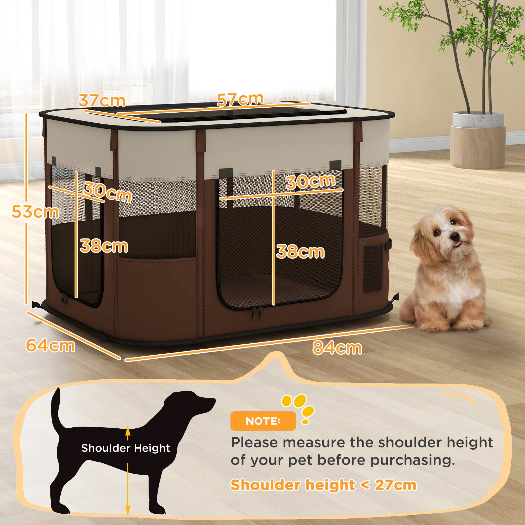 Foldable Dog Pen with Storage Bag for Indoor/Outdoor Use, Portable Pet playpen, with Ground Stakes - Brown