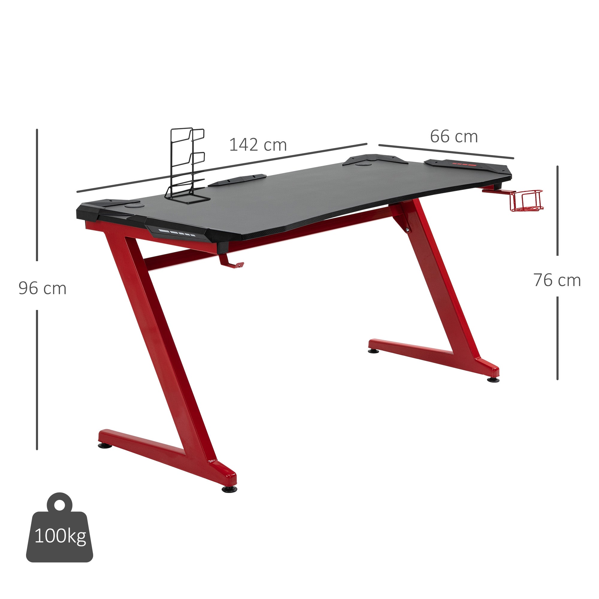 142 x 66 cm Gaming Desk, Carbon Fibre Covered Computer Desk, Gamer Workstation with Headphone Hook, Cup Holder and Gamepad Storage Rack, Black and Red