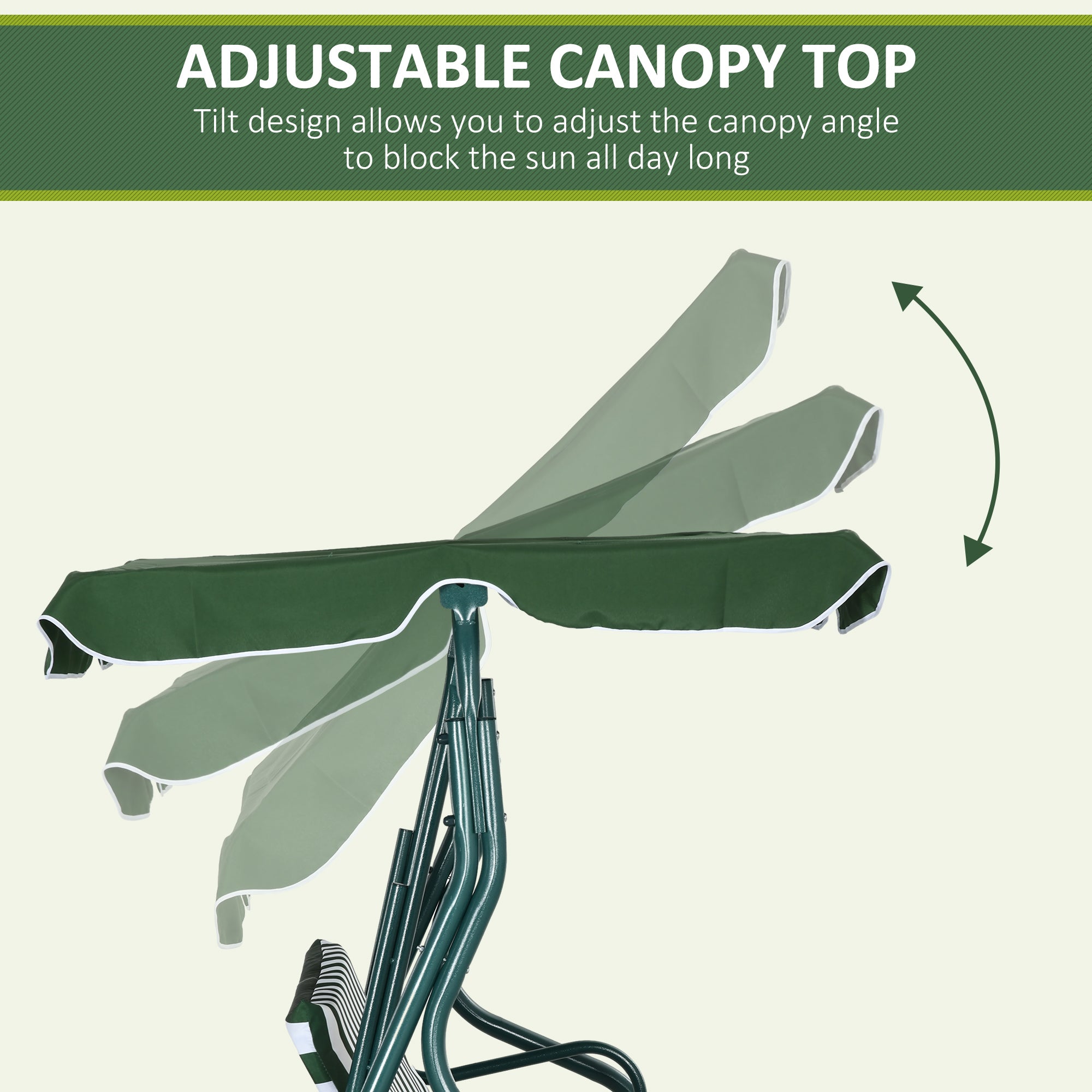 3 Seater Garden Swing Seat Chair with Adjustable Canopy and Metal Frame - Green Stripes