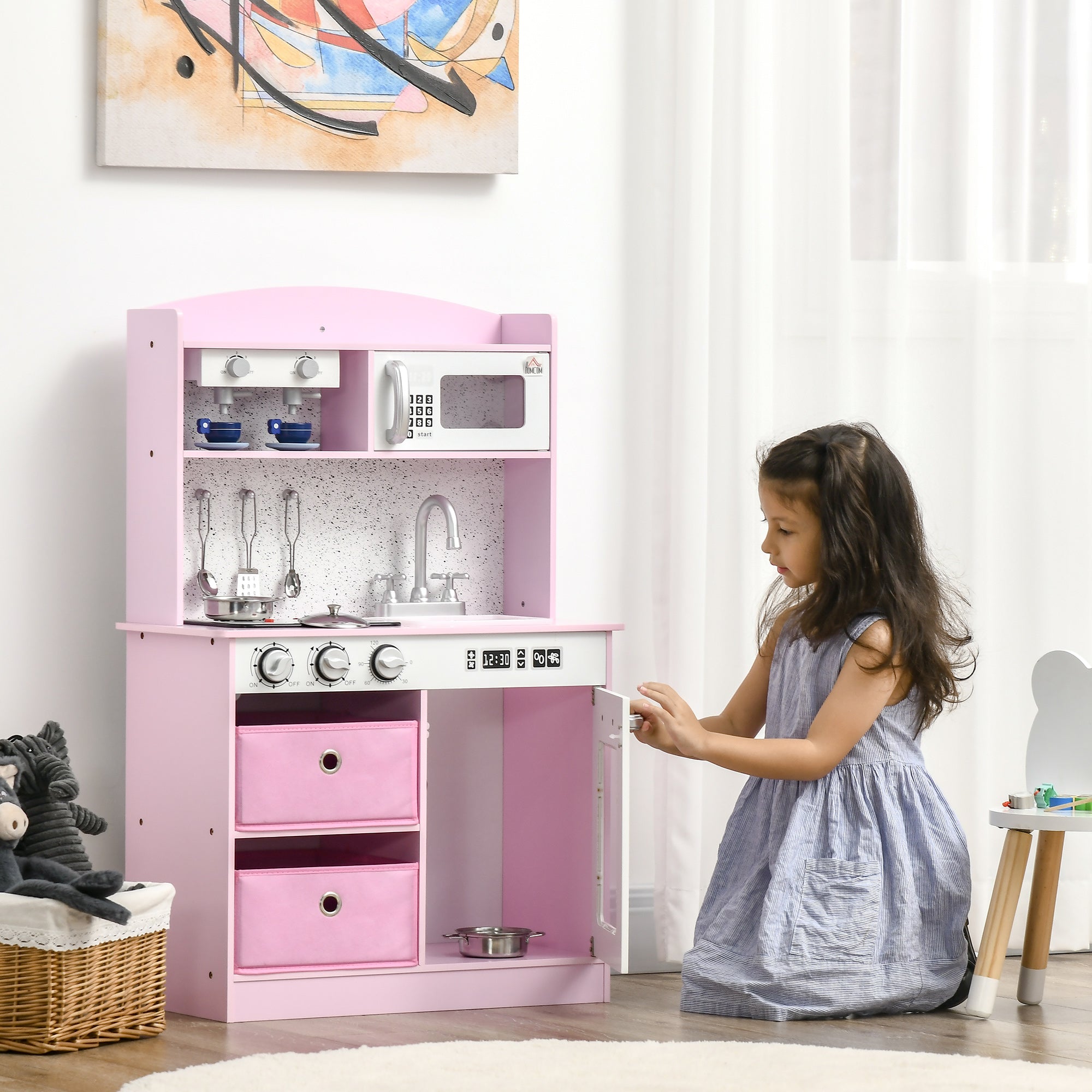 Wooden Play Kitchen with Lights and Sound, Kids Kitchen Playset with Coffee Maker Microwave Sink Utensils Storage Bins, Pretend Role Play Pink