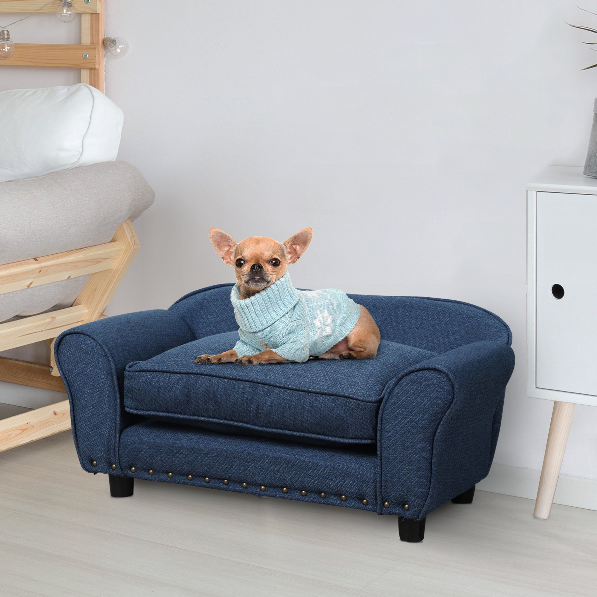 Dog Sofa for XS and S Size Dogs, Pet Chair Couch with Thick Sponge Padded Cushion, Kitten Lounge Bed with Washable Cover, Wooden Frame - Blue