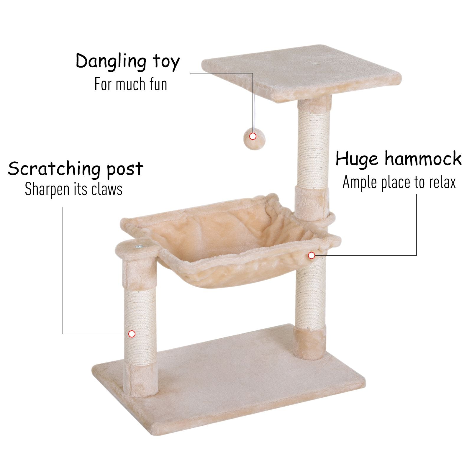 Cat Tree Hammock Bed Natural Sisal Scratching Post w/ Dangle Toy 2 Tier 70cm Pet Scratch Stand