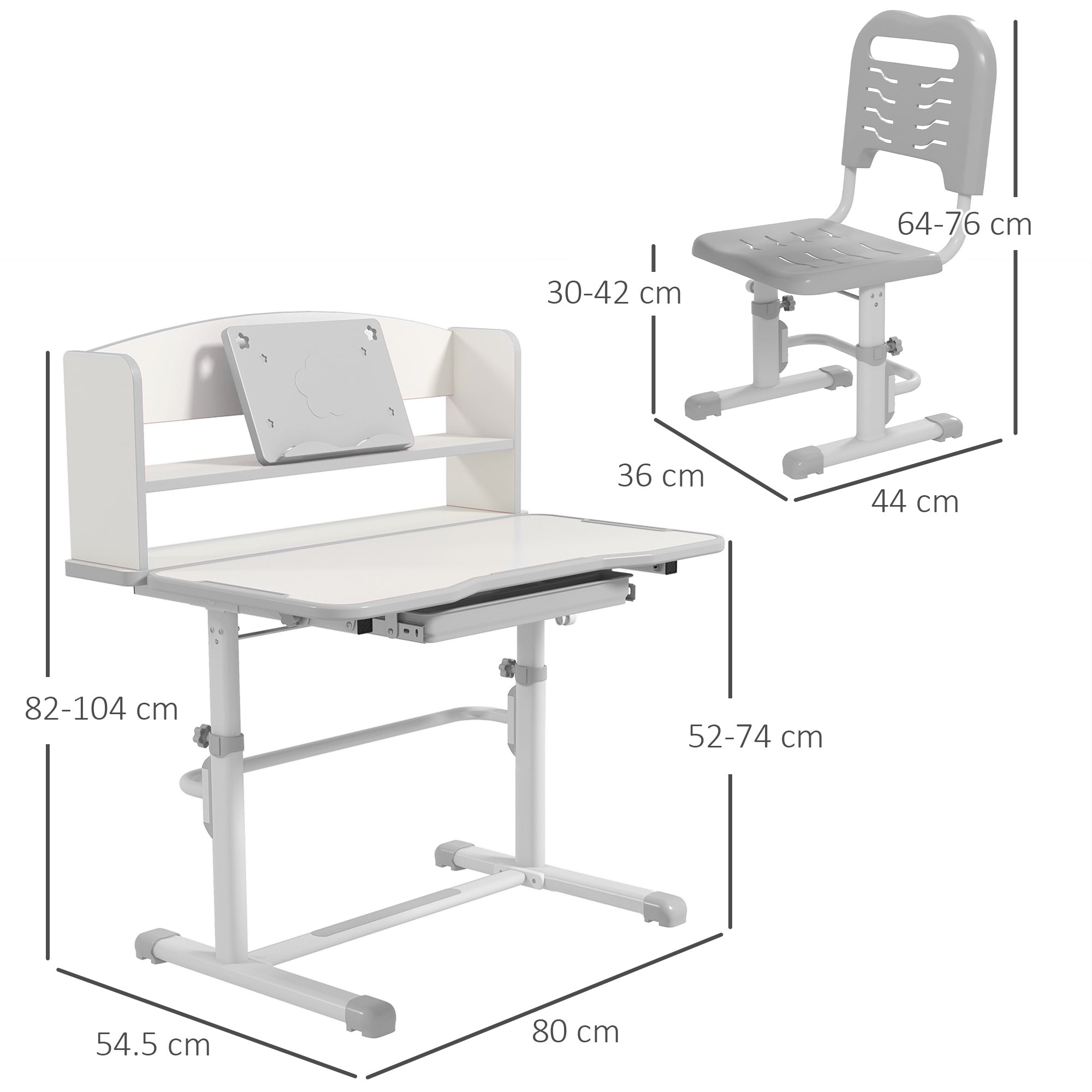 Height Adjustable Kids Study Table and Chair Set, with Drawer, Storage Shelf, 80 x 54.5 x 104 cm, Grey