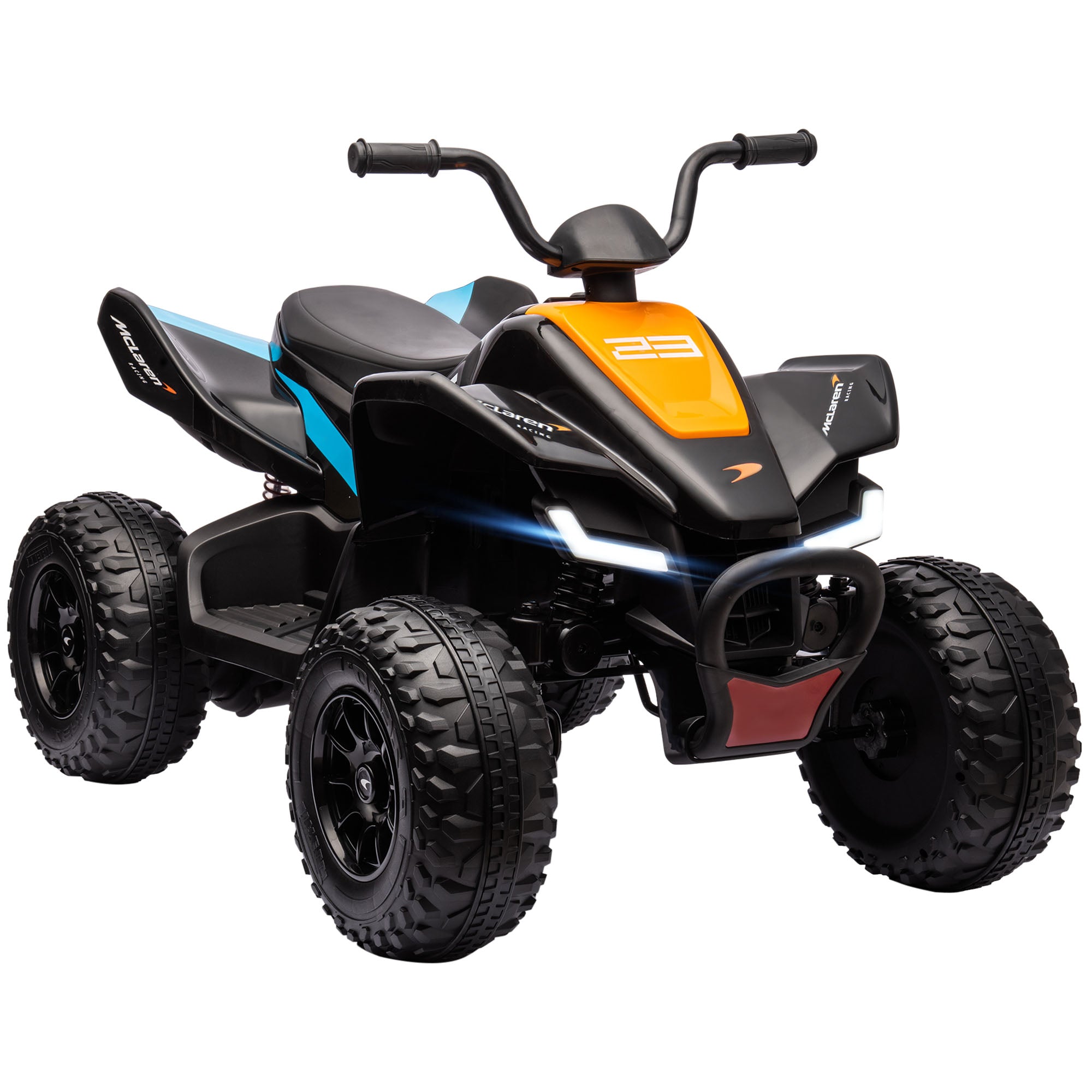 Mclaren Licensed 12V Quad Bike with Slow Start, Music, Headlights, MP3 Slot, Suspension Wheels, for 3-8 Years - Black