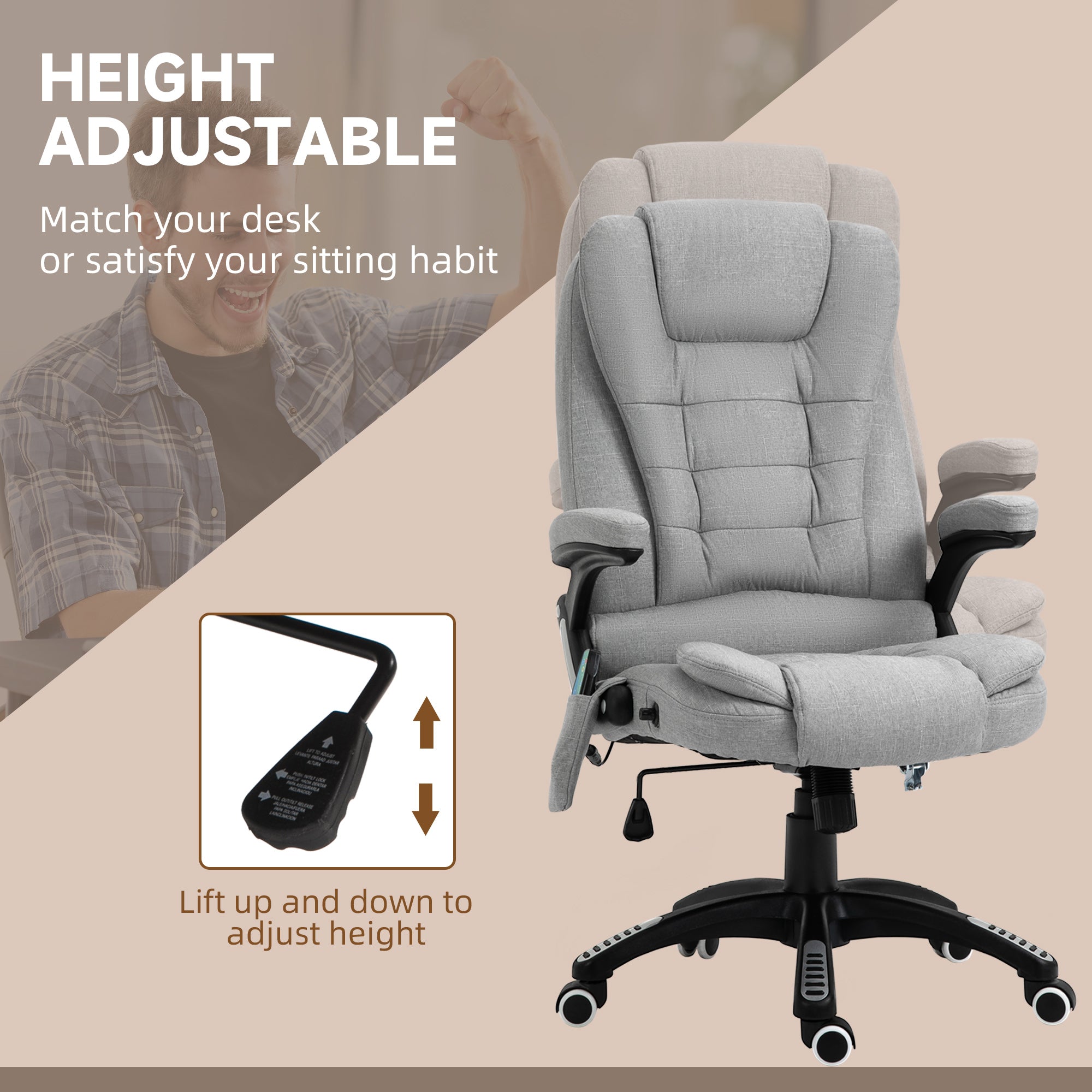 Office Chair with Massager High Back Ergonomic Design with Heated Padded and 360° Swivel Base for Home Office, Gaming, Light Grey